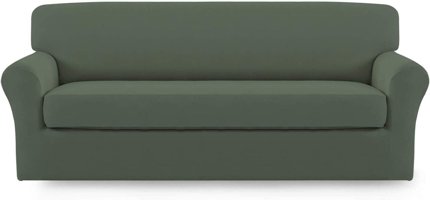 image:imageEasyGoing 2 Pieces Microfiber Stretch Sofa Slipcover Spandex Soft Fitted Sofa Couch Cover Washable Furniture Protector with Elastic Bottom KidsPet Oversized Sofa Light GrayGreyishgreen