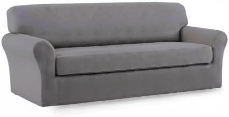 image:imageEasyGoing 2 Pieces Microfiber Stretch Sofa Slipcover Spandex Soft Fitted Sofa Couch Cover Washable Furniture Protector with Elastic Bottom KidsPet Oversized Sofa Light GrayLightgray