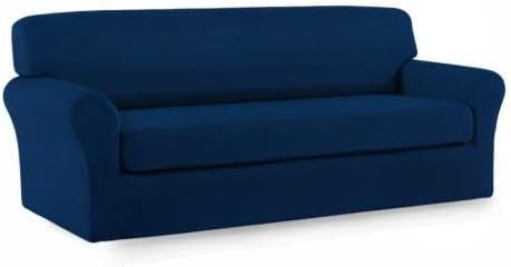 image:imageEasyGoing 2 Pieces Microfiber Stretch Sofa Slipcover Spandex Soft Fitted Sofa Couch Cover Washable Furniture Protector with Elastic Bottom KidsPet Oversized Sofa Light GrayNavy