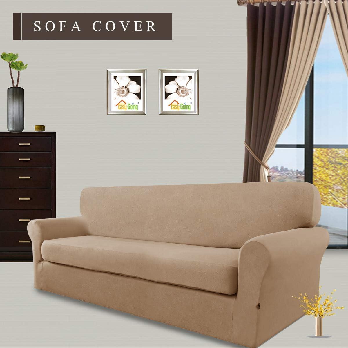 image:imageEasyGoing 2 Pieces Microfiber Stretch Sofa Slipcover Spandex Soft Fitted Sofa Couch Cover Washable Furniture Protector with Elastic Bottom KidsPet Oversized Sofa Light GrayCamel