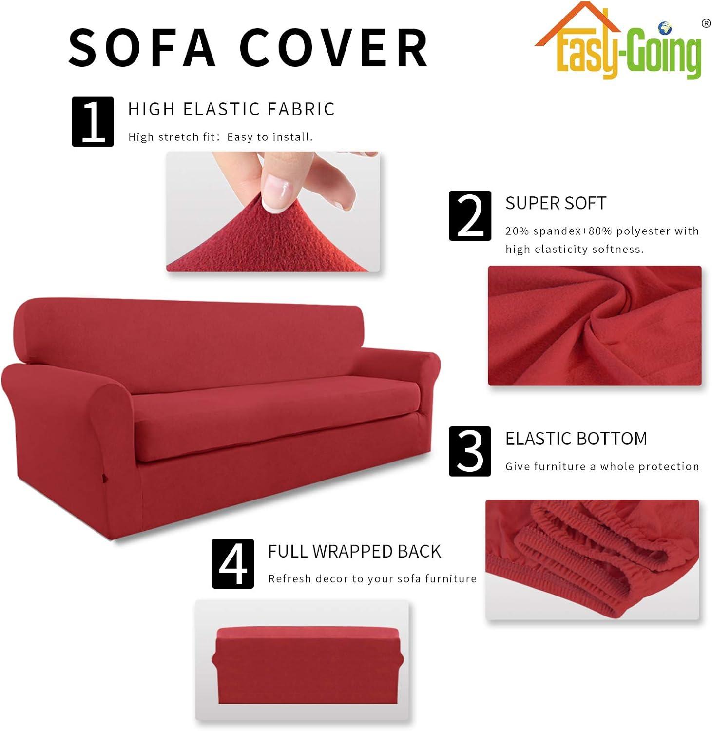 image:imageEasyGoing 2 Pieces Microfiber Stretch Sofa Slipcover Spandex Soft Fitted Sofa Couch Cover Washable Furniture Protector with Elastic Bottom KidsPet Oversized Sofa Light GrayChristmasred