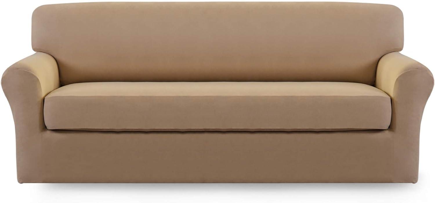 image:imageEasyGoing 2 Pieces Microfiber Stretch Sofa Slipcover Spandex Soft Fitted Sofa Couch Cover Washable Furniture Protector with Elastic Bottom KidsPet Oversized Sofa Light GrayCamel
