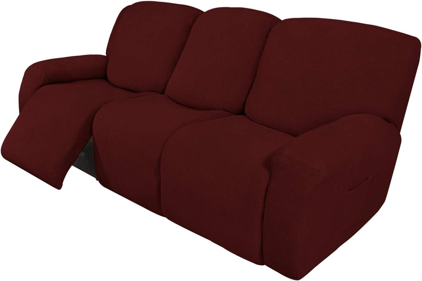 image:imageEasyGoing 8 Pieces Recliner Sofa Stretch Sofa Slipcover Sofa Cover Furniture Protector Couch Soft with Elastic Bottom Kids Spandex Jacquard Fabric Small Checks Dark GrayWine