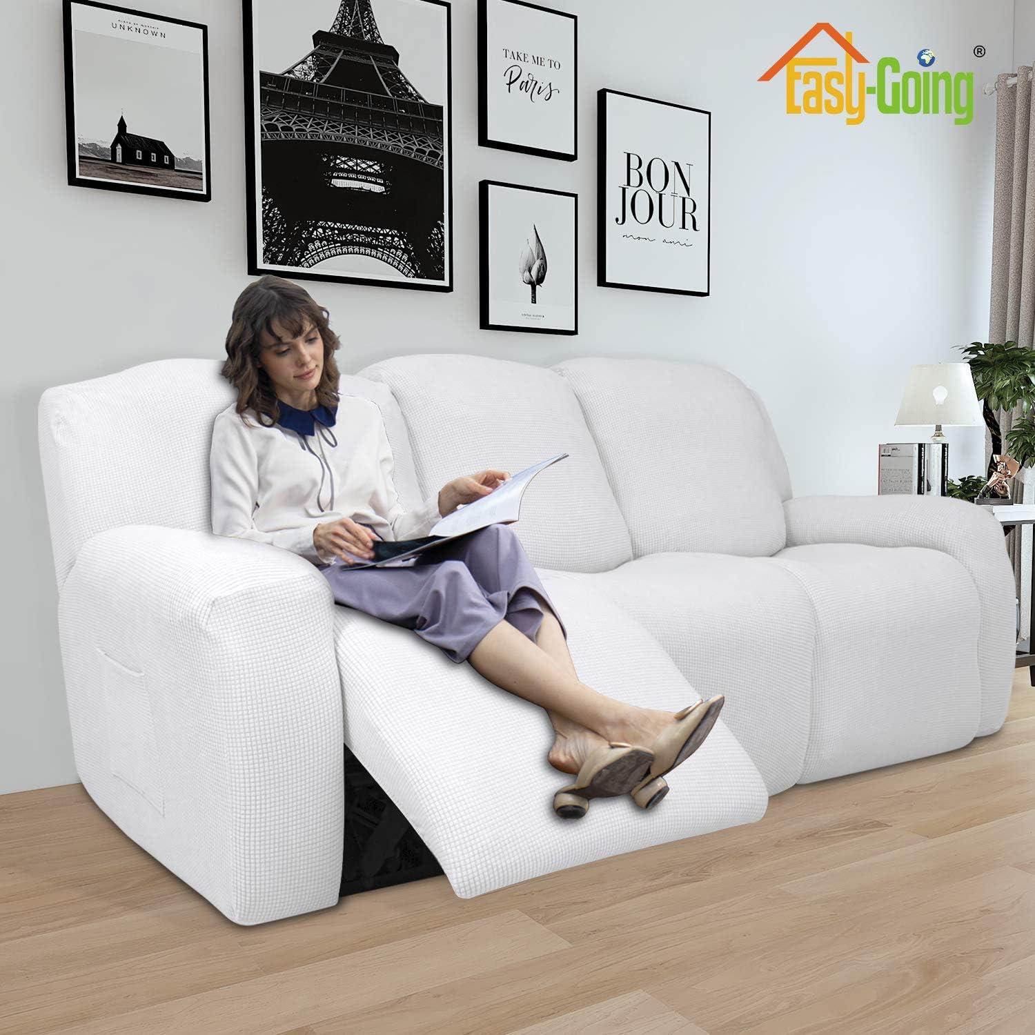 image:imageEasyGoing 8 Pieces Recliner Sofa Stretch Sofa Slipcover Sofa Cover Furniture Protector Couch Soft with Elastic Bottom Kids Spandex Jacquard Fabric Small Checks Dark GraySnow White