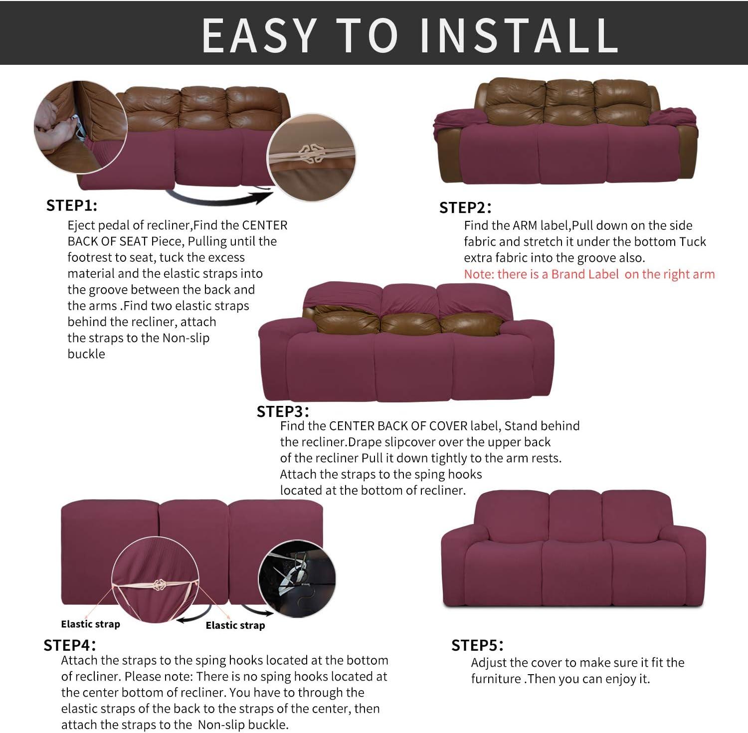 image:imageEasyGoing 8 Pieces Recliner Sofa Stretch Sofa Slipcover Sofa Cover Furniture Protector Couch Soft with Elastic Bottom Kids Spandex Jacquard Fabric Small Checks Dark GrayAsh Rose
