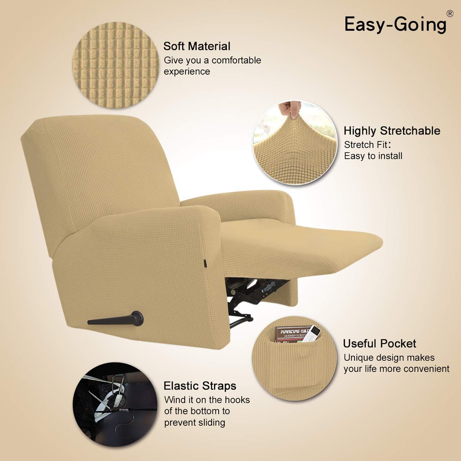 image:imageEasyGoing 8 Pieces Recliner Sofa Stretch Sofa Slipcover Sofa Cover Furniture Protector Couch Soft with Elastic Bottom Kids Spandex Jacquard Fabric Small Checks Dark GrayBeige