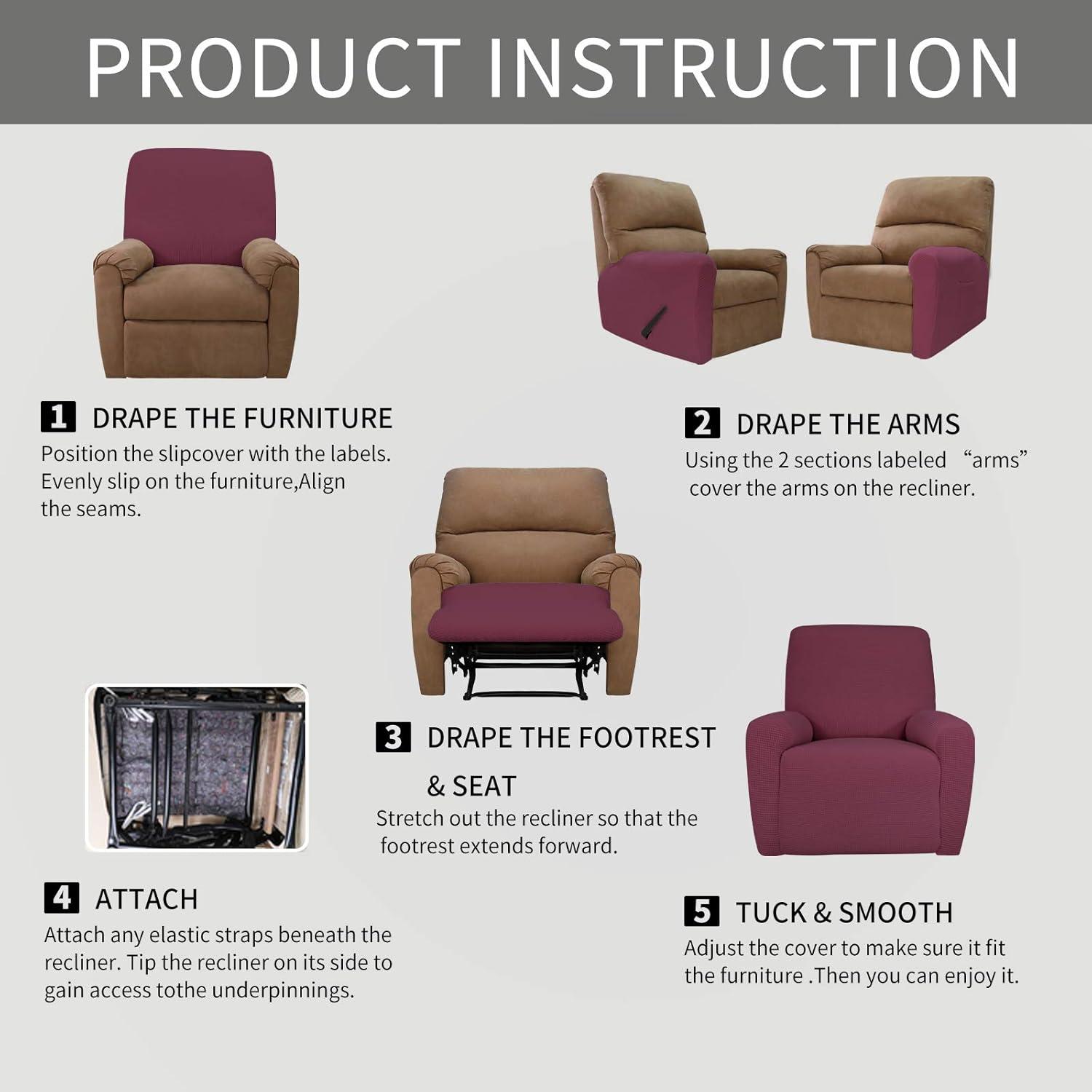 image:imageEasyGoing 8 Pieces Recliner Sofa Stretch Sofa Slipcover Sofa Cover Furniture Protector Couch Soft with Elastic Bottom Kids Spandex Jacquard Fabric Small Checks Dark GrayAsh Rose