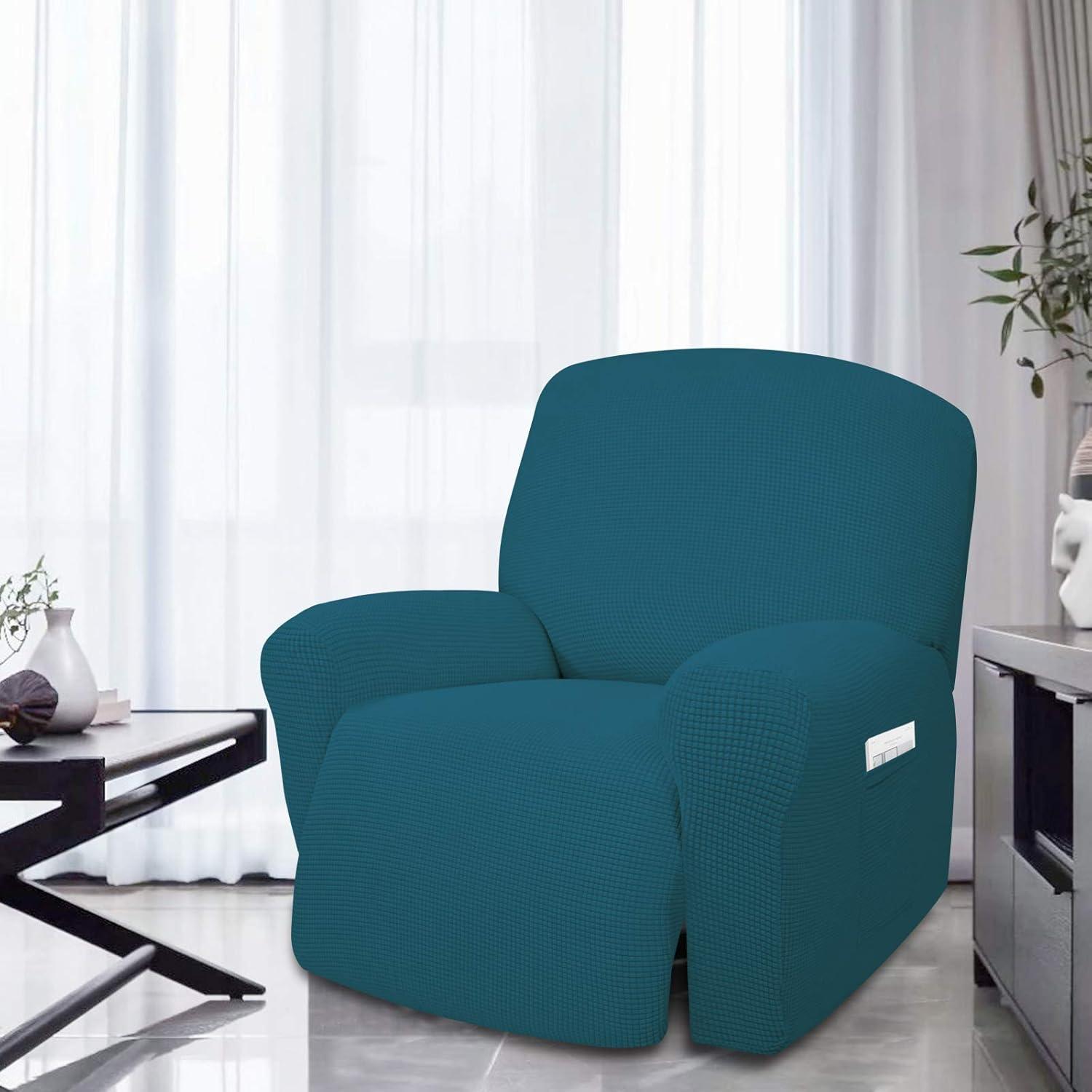 image:imageEasyGoing 8 Pieces Recliner Sofa Stretch Sofa Slipcover Sofa Cover Furniture Protector Couch Soft with Elastic Bottom Kids Spandex Jacquard Fabric Small Checks Dark GrayPeacock Blue