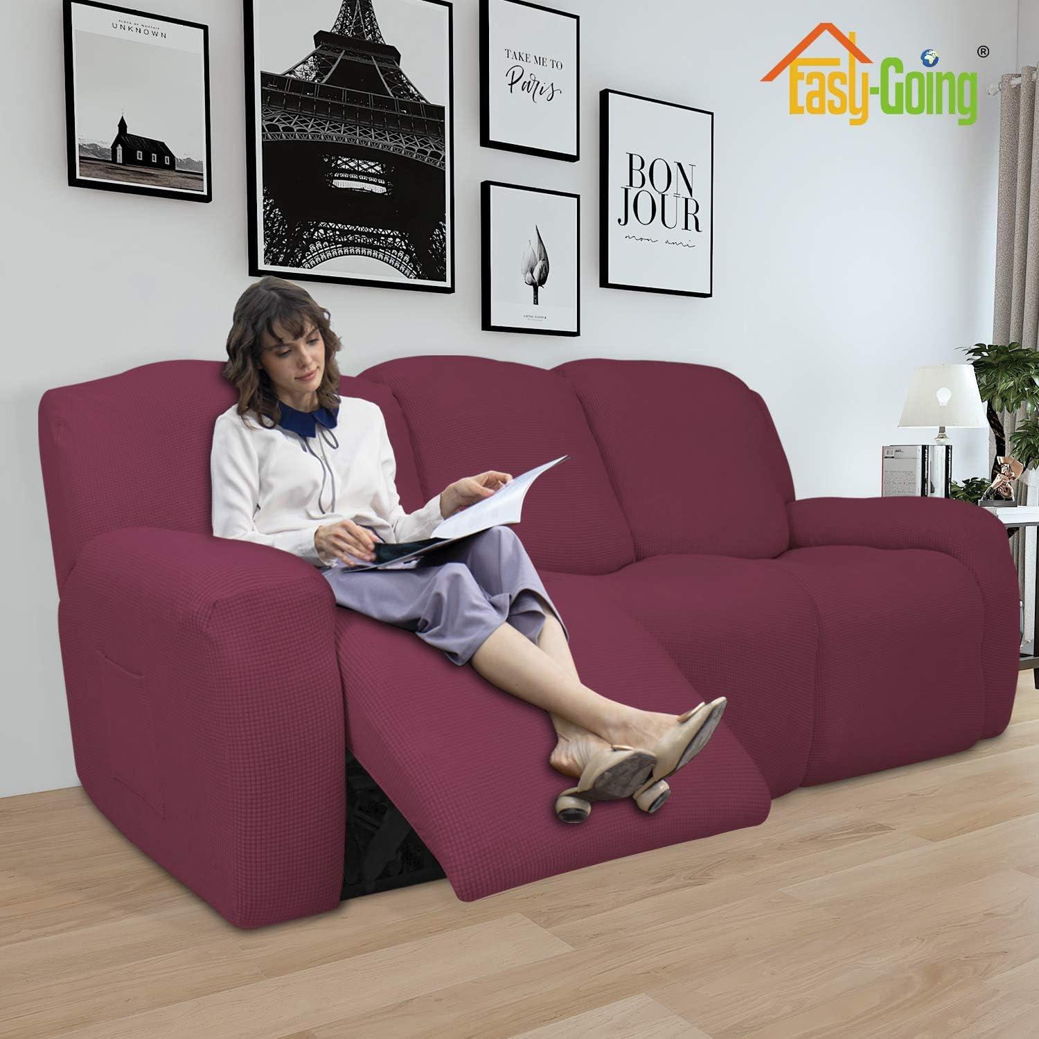 image:imageEasyGoing 8 Pieces Recliner Sofa Stretch Sofa Slipcover Sofa Cover Furniture Protector Couch Soft with Elastic Bottom Kids Spandex Jacquard Fabric Small Checks Dark GrayAsh Rose