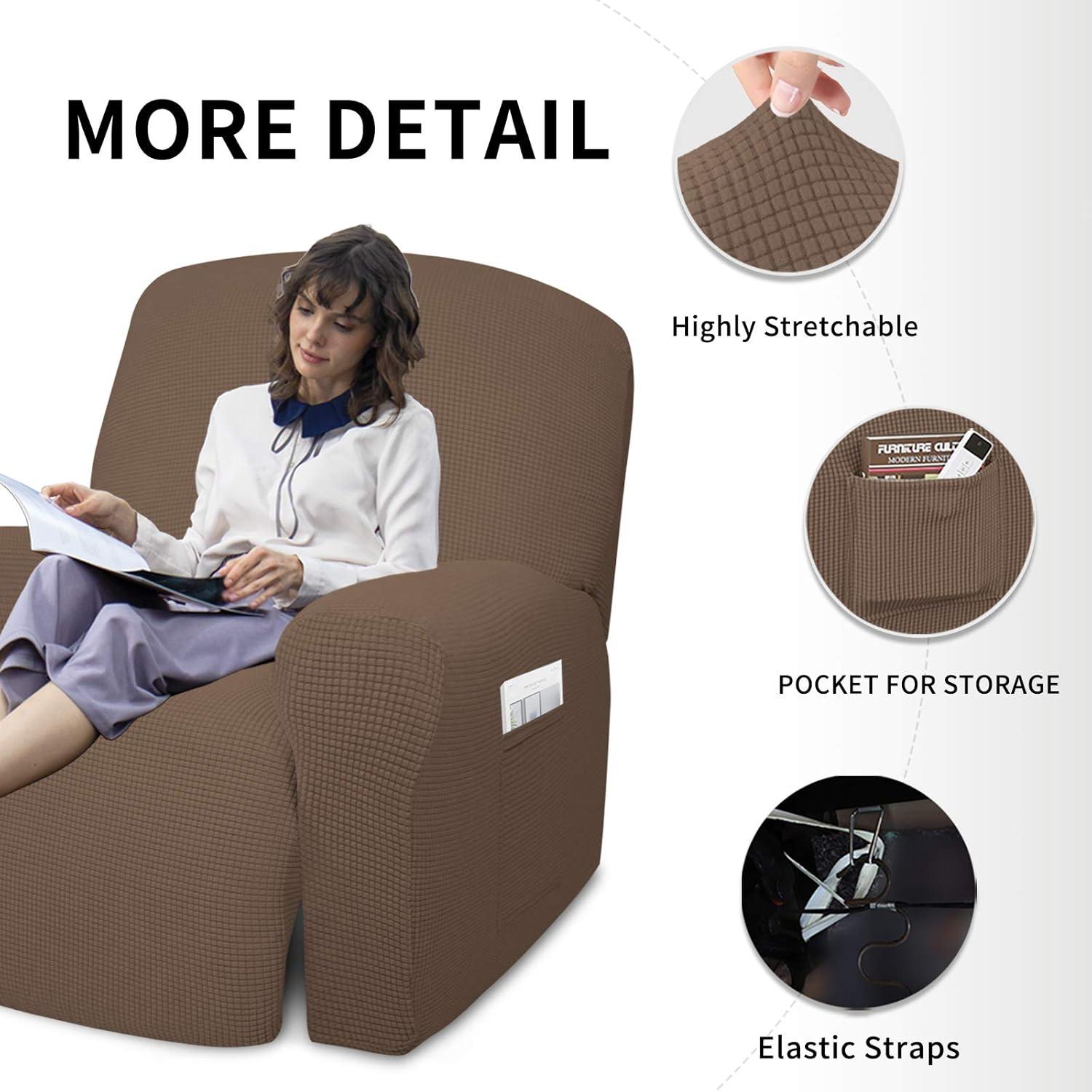 image:imageEasyGoing 8 Pieces Recliner Sofa Stretch Sofa Slipcover Sofa Cover Furniture Protector Couch Soft with Elastic Bottom Kids Spandex Jacquard Fabric Small Checks Dark GrayBrown