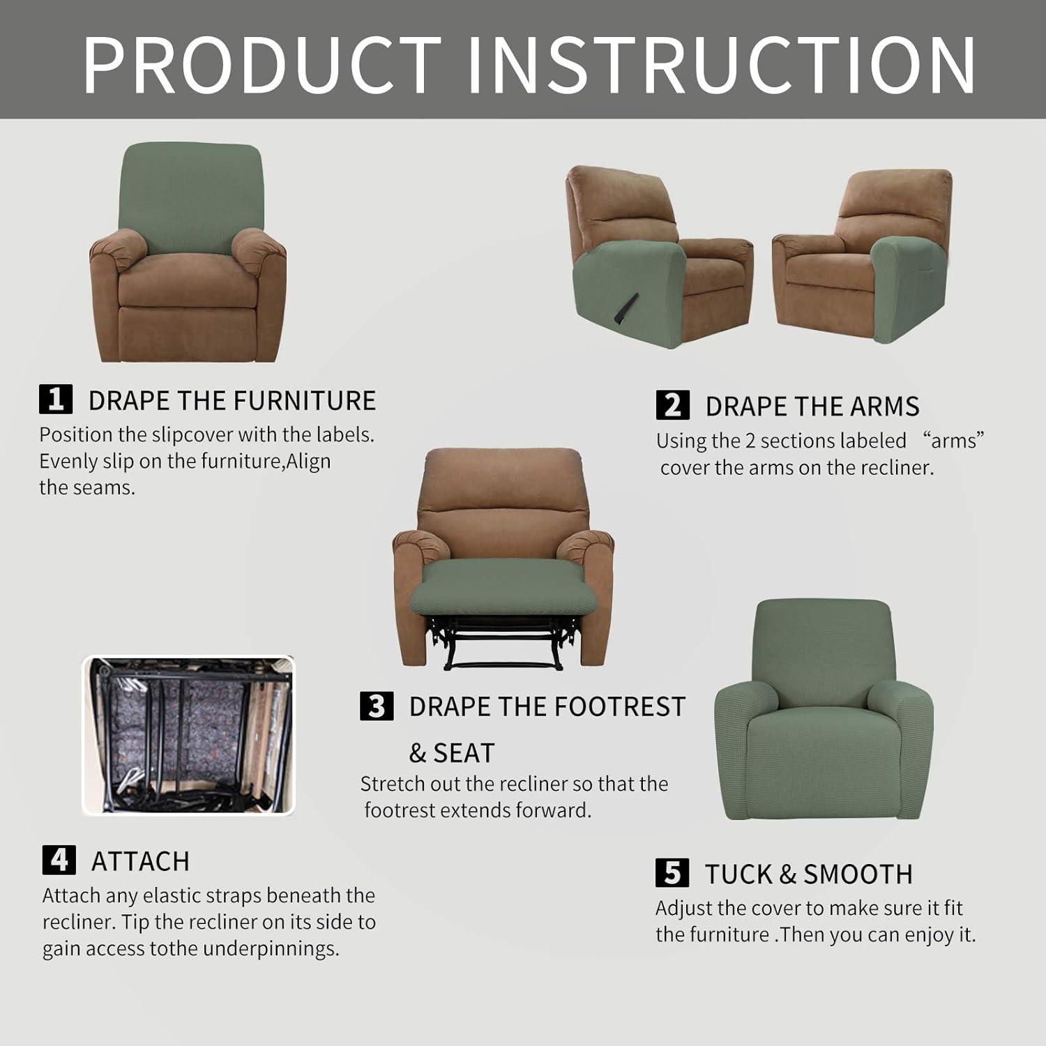 image:imageEasyGoing 8 Pieces Recliner Sofa Stretch Sofa Slipcover Sofa Cover Furniture Protector Couch Soft with Elastic Bottom Kids Spandex Jacquard Fabric Small Checks Dark GrayGreyish Green