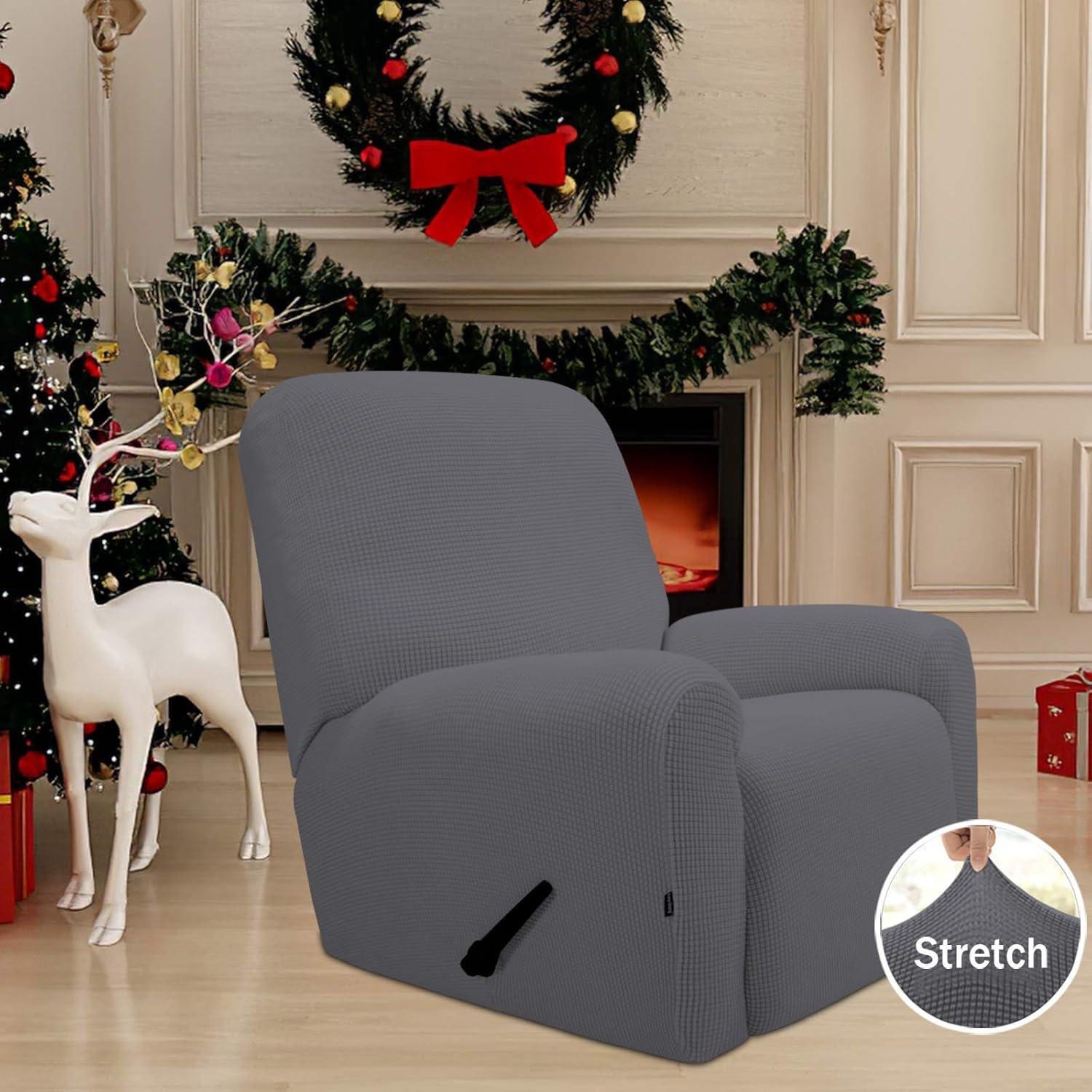 image:imageEasyGoing 8 Pieces Recliner Sofa Stretch Sofa Slipcover Sofa Cover Furniture Protector Couch Soft with Elastic Bottom Kids Spandex Jacquard Fabric Small Checks Dark GrayGrey
