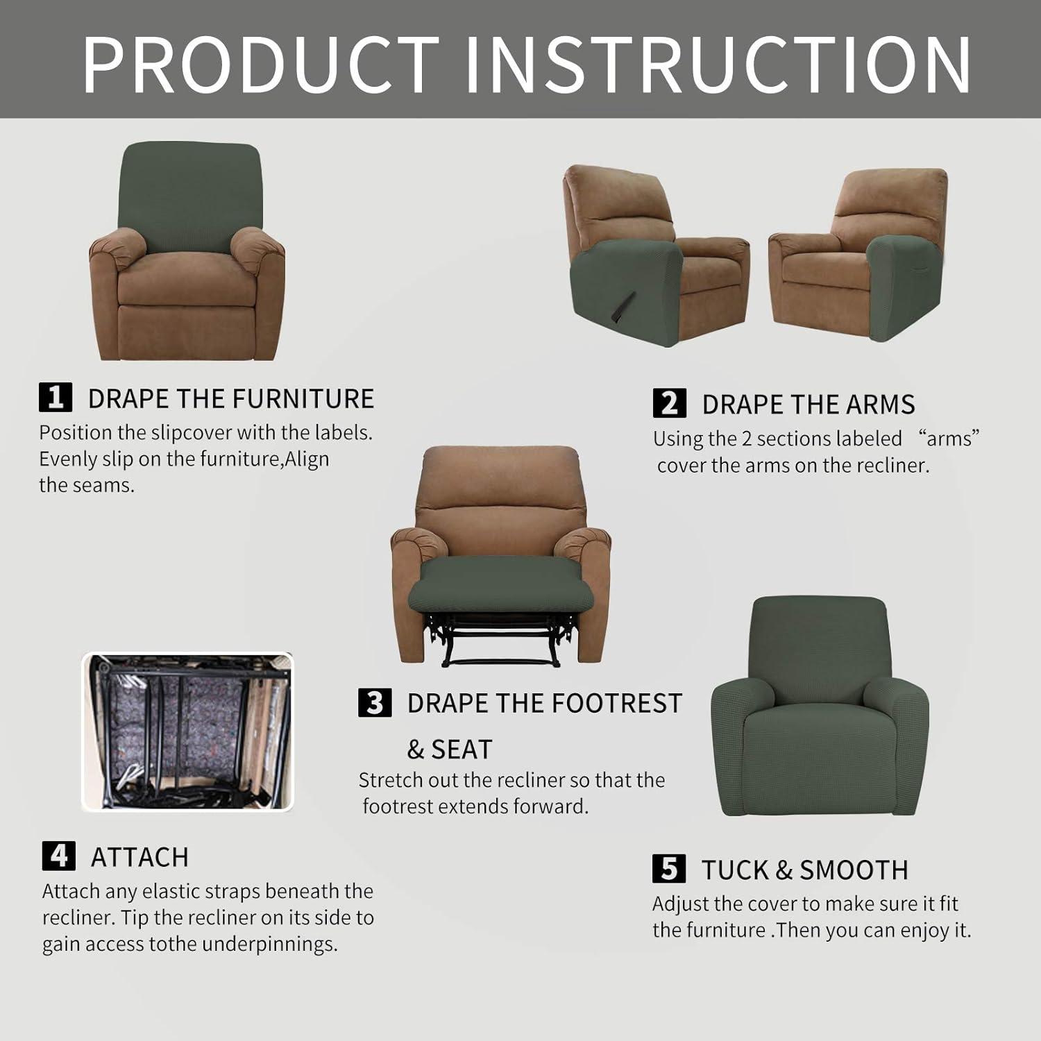 image:imageEasyGoing 8 Pieces Recliner Sofa Stretch Sofa Slipcover Sofa Cover Furniture Protector Couch Soft with Elastic Bottom Kids Spandex Jacquard Fabric Small Checks Dark GrayOlive Green