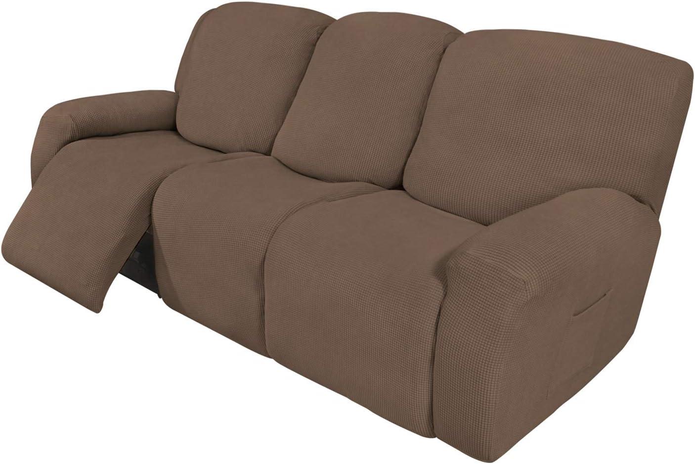 image:imageEasyGoing 8 Pieces Recliner Sofa Stretch Sofa Slipcover Sofa Cover Furniture Protector Couch Soft with Elastic Bottom Kids Spandex Jacquard Fabric Small Checks Dark GrayBrown