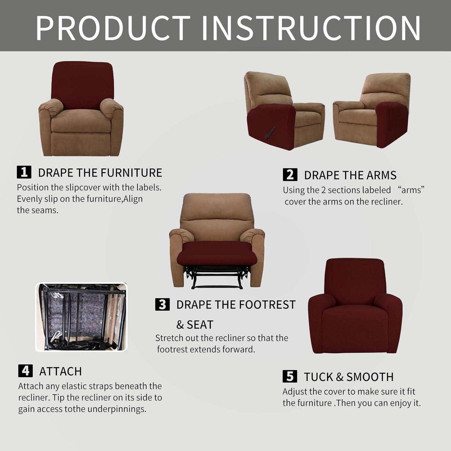 image:imageEasyGoing 8 Pieces Recliner Sofa Stretch Sofa Slipcover Sofa Cover Furniture Protector Couch Soft with Elastic Bottom Kids Spandex Jacquard Fabric Small Checks Dark GrayWine
