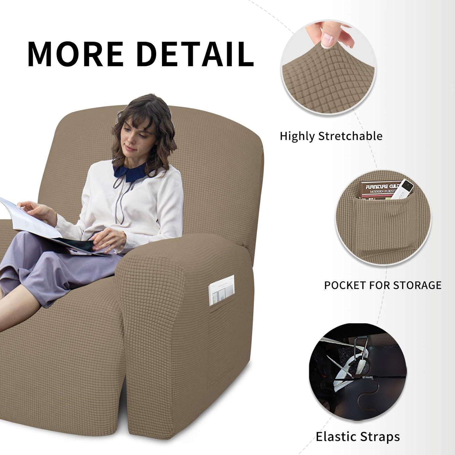 image:imageEasyGoing 8 Pieces Recliner Sofa Stretch Sofa Slipcover Sofa Cover Furniture Protector Couch Soft with Elastic Bottom Kids Spandex Jacquard Fabric Small Checks Dark GrayNatural