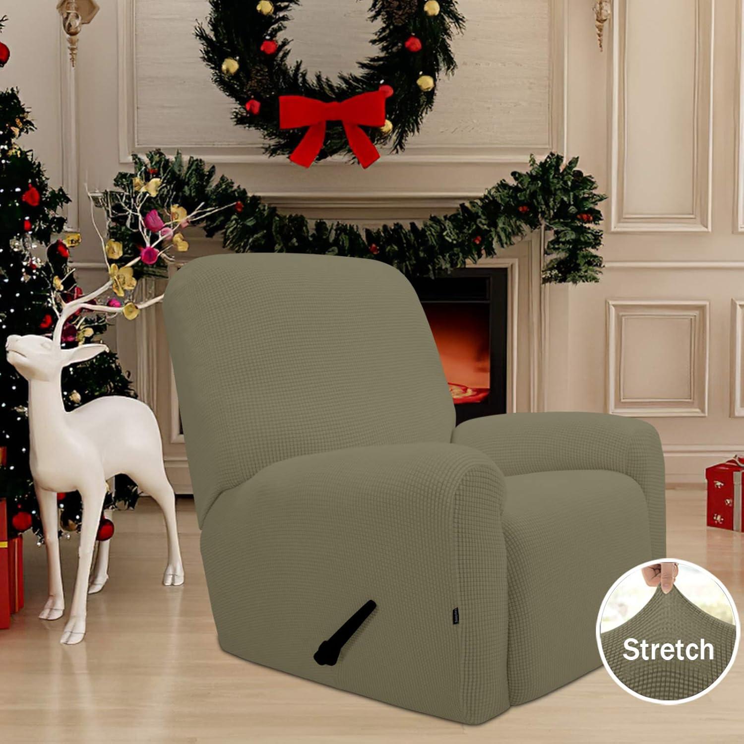 image:imageEasyGoing 8 Pieces Recliner Sofa Stretch Sofa Slipcover Sofa Cover Furniture Protector Couch Soft with Elastic Bottom Kids Spandex Jacquard Fabric Small Checks Dark GrayKhaki