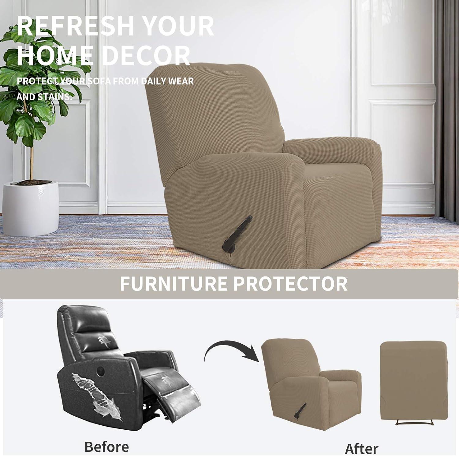 image:imageEasyGoing 8 Pieces Recliner Sofa Stretch Sofa Slipcover Sofa Cover Furniture Protector Couch Soft with Elastic Bottom Kids Spandex Jacquard Fabric Small Checks Dark GrayNatural