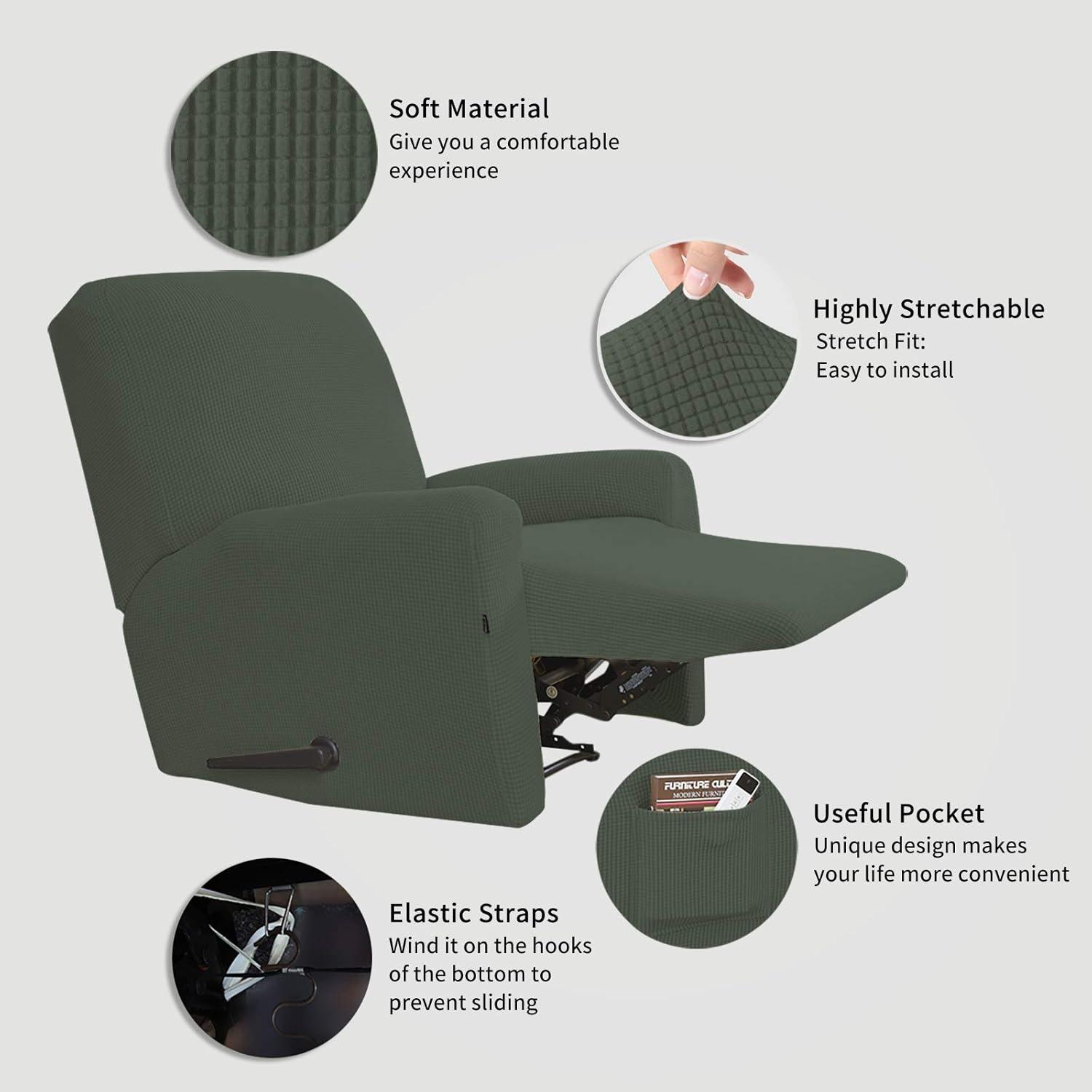 image:imageEasyGoing 8 Pieces Recliner Sofa Stretch Sofa Slipcover Sofa Cover Furniture Protector Couch Soft with Elastic Bottom Kids Spandex Jacquard Fabric Small Checks Dark GrayOlive Green