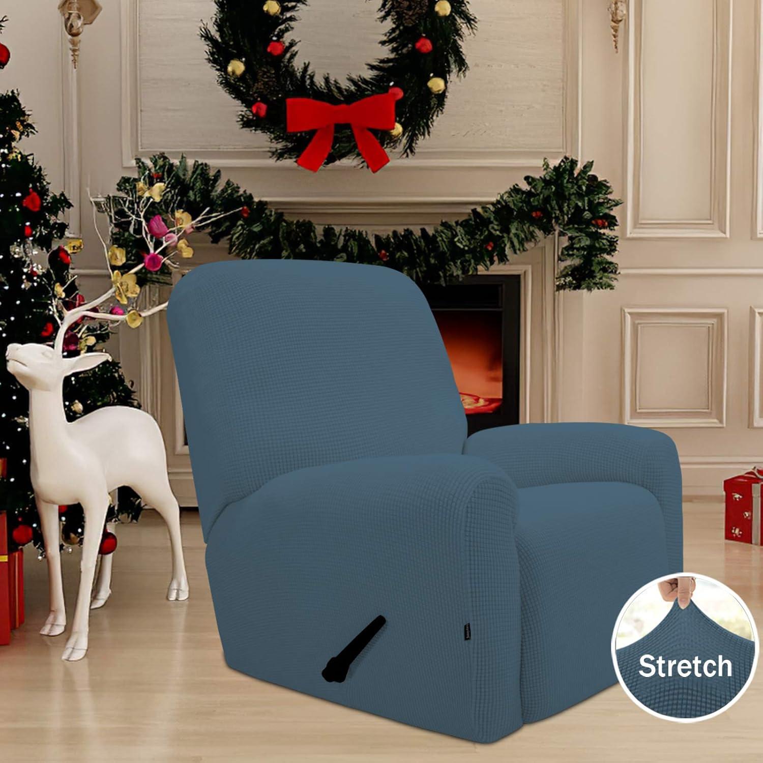 image:imageEasyGoing 8 Pieces Recliner Sofa Stretch Sofa Slipcover Sofa Cover Furniture Protector Couch Soft with Elastic Bottom Kids Spandex Jacquard Fabric Small Checks Dark GrayBluestone