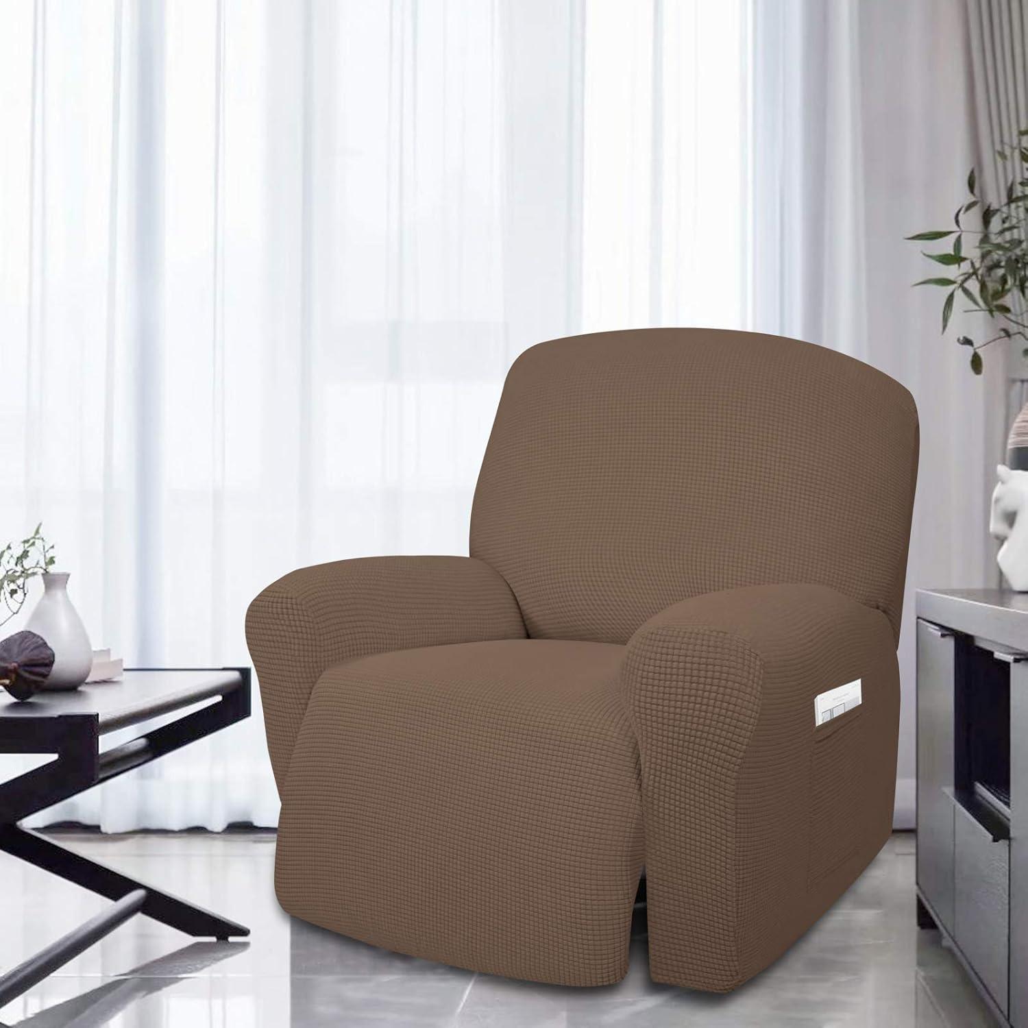 image:imageEasyGoing 8 Pieces Recliner Sofa Stretch Sofa Slipcover Sofa Cover Furniture Protector Couch Soft with Elastic Bottom Kids Spandex Jacquard Fabric Small Checks Dark GrayBrown