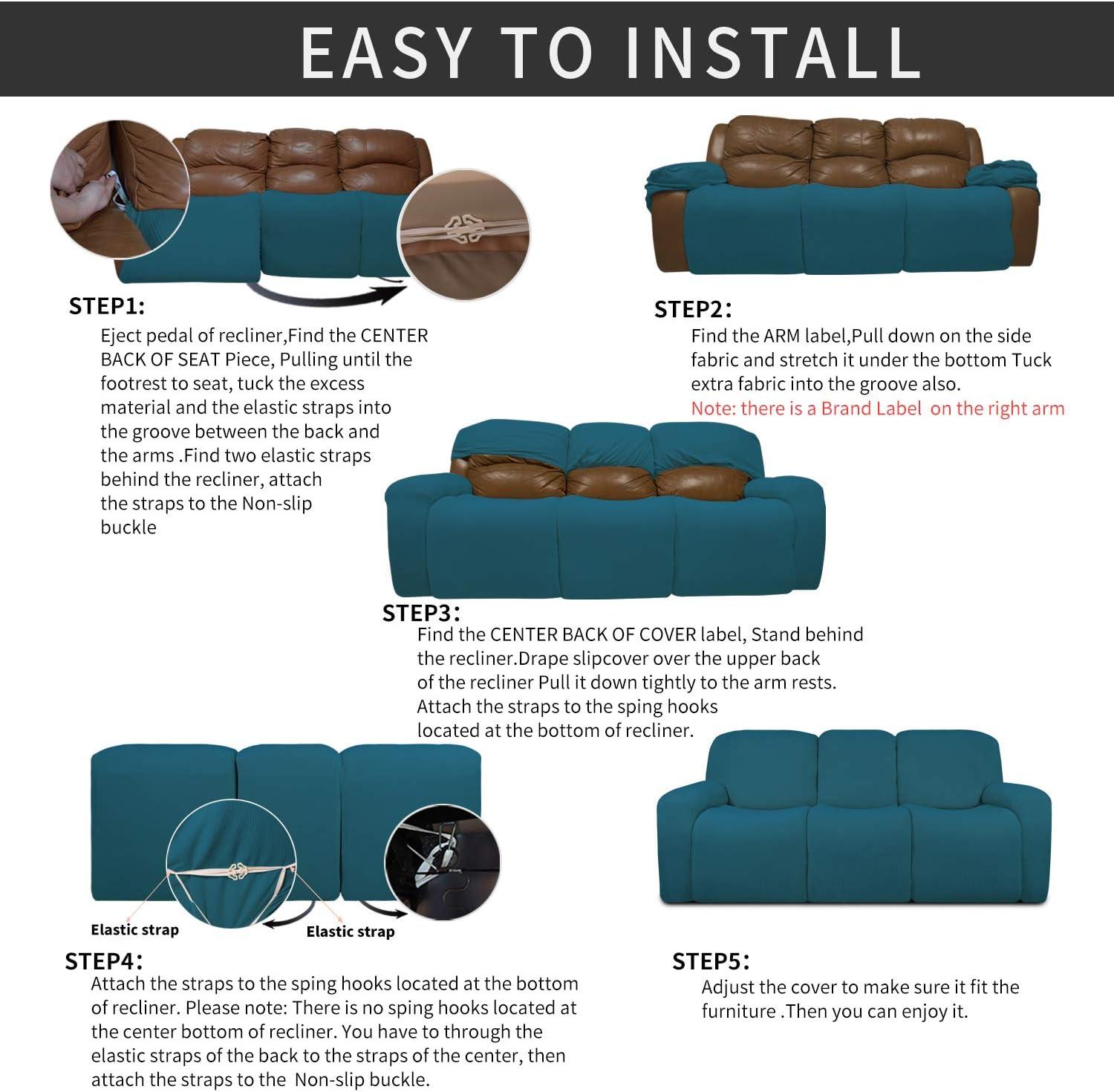 image:imageEasyGoing 8 Pieces Recliner Sofa Stretch Sofa Slipcover Sofa Cover Furniture Protector Couch Soft with Elastic Bottom Kids Spandex Jacquard Fabric Small Checks Dark GrayPeacock Blue