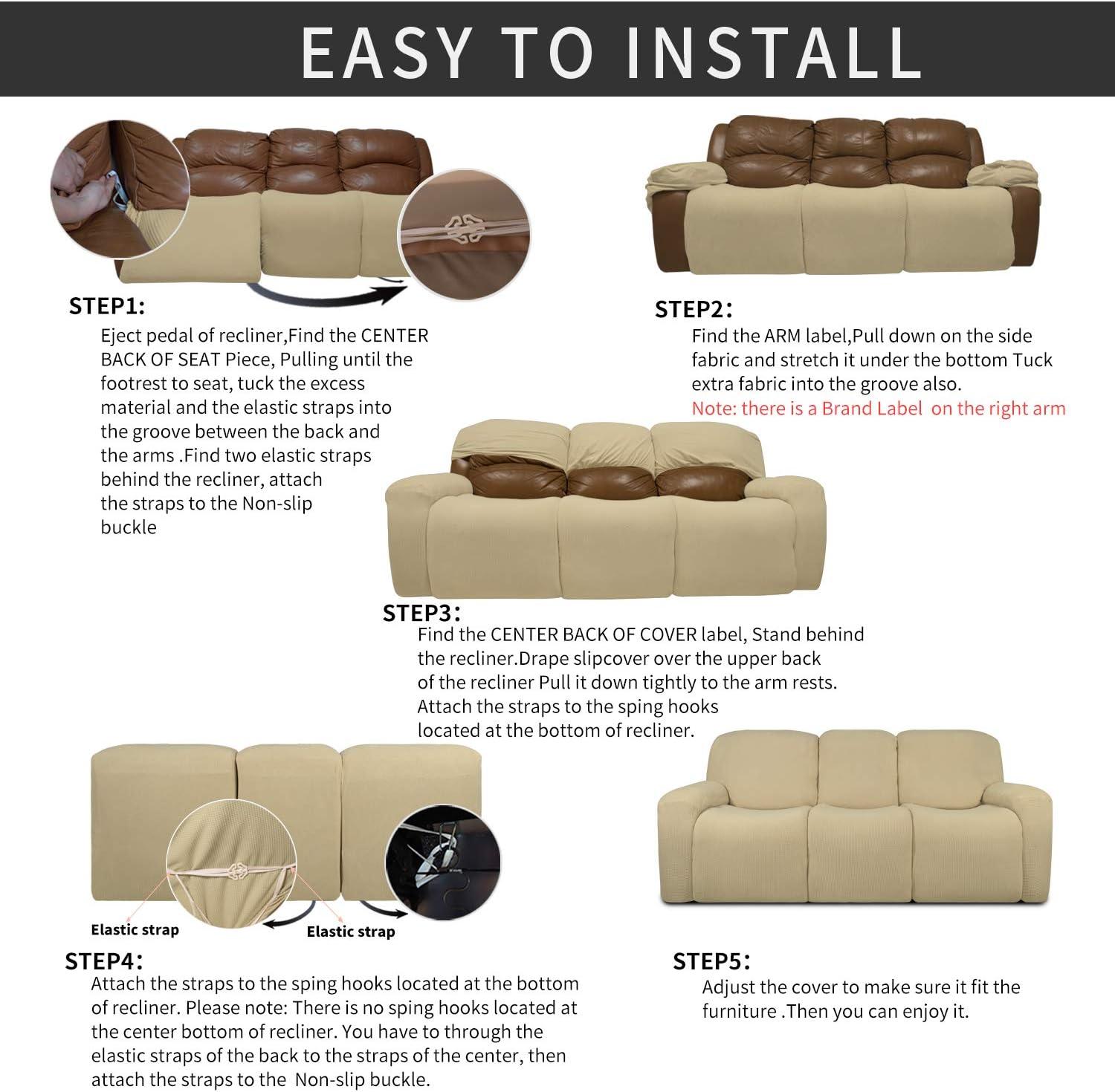 image:imageEasyGoing 8 Pieces Recliner Sofa Stretch Sofa Slipcover Sofa Cover Furniture Protector Couch Soft with Elastic Bottom Kids Spandex Jacquard Fabric Small Checks Dark GrayBeige