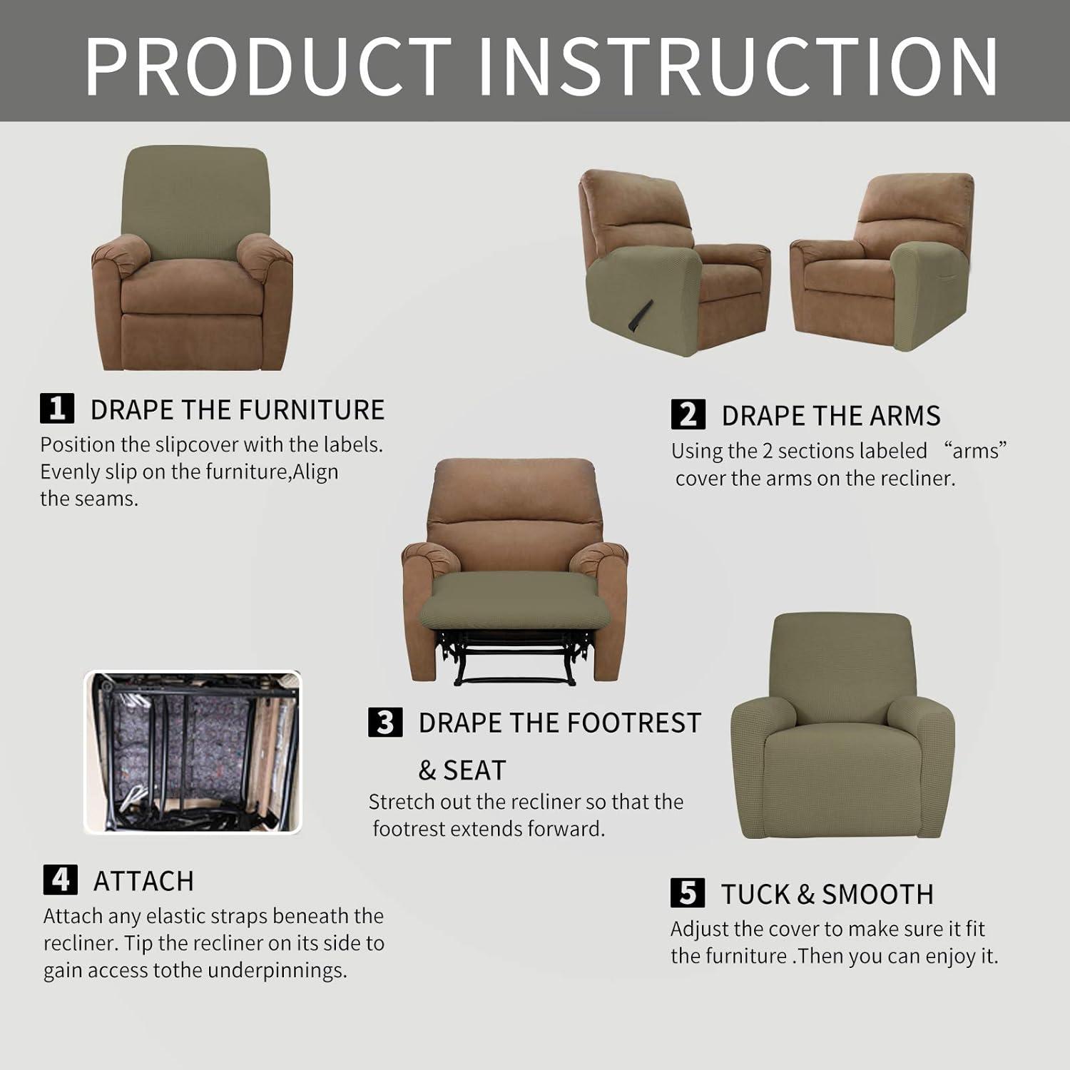 image:imageEasyGoing 8 Pieces Recliner Sofa Stretch Sofa Slipcover Sofa Cover Furniture Protector Couch Soft with Elastic Bottom Kids Spandex Jacquard Fabric Small Checks Dark GrayKhaki