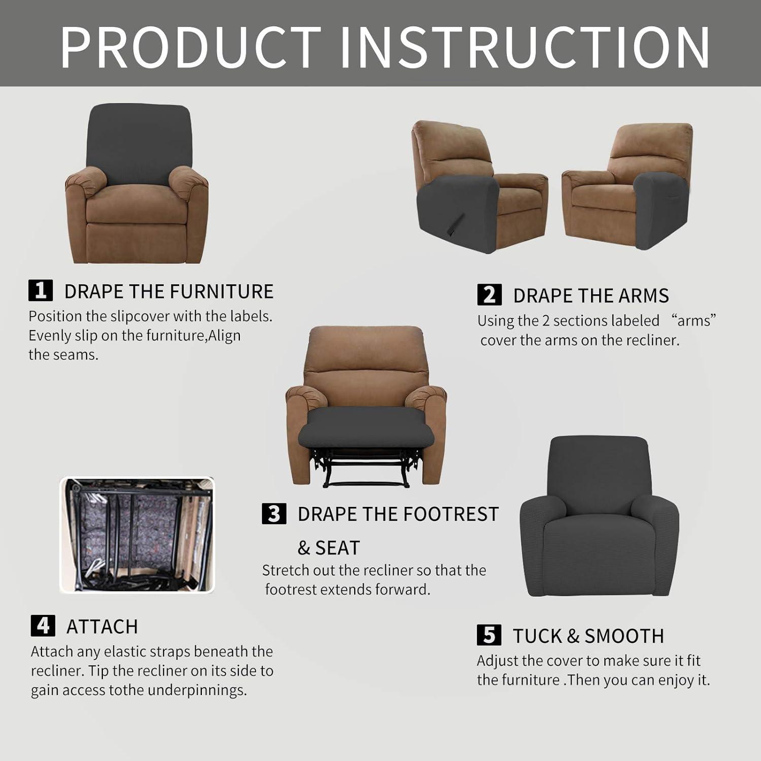 image:imageEasyGoing 8 Pieces Recliner Sofa Stretch Sofa Slipcover Sofa Cover Furniture Protector Couch Soft with Elastic Bottom Kids Spandex Jacquard Fabric Small Checks Dark GrayDark Gray