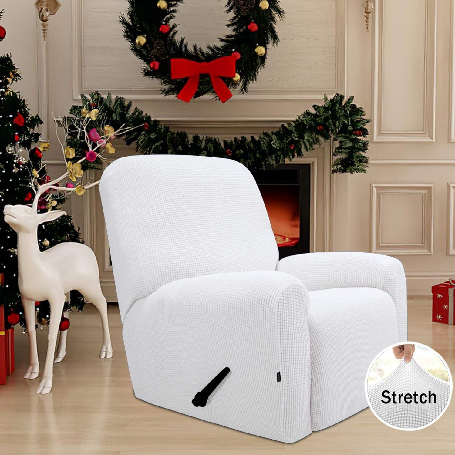 image:imageEasyGoing 8 Pieces Recliner Sofa Stretch Sofa Slipcover Sofa Cover Furniture Protector Couch Soft with Elastic Bottom Kids Spandex Jacquard Fabric Small Checks Dark GraySnow White