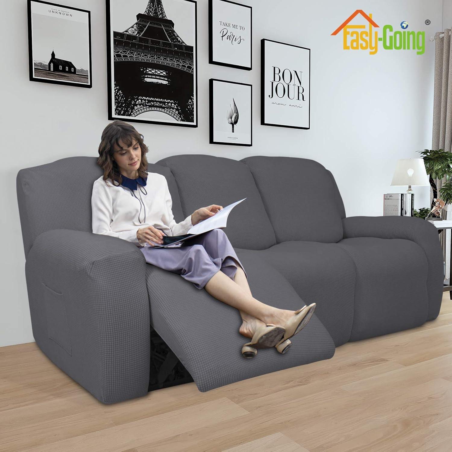 image:imageEasyGoing 8 Pieces Recliner Sofa Stretch Sofa Slipcover Sofa Cover Furniture Protector Couch Soft with Elastic Bottom Kids Spandex Jacquard Fabric Small Checks Dark GrayGrey