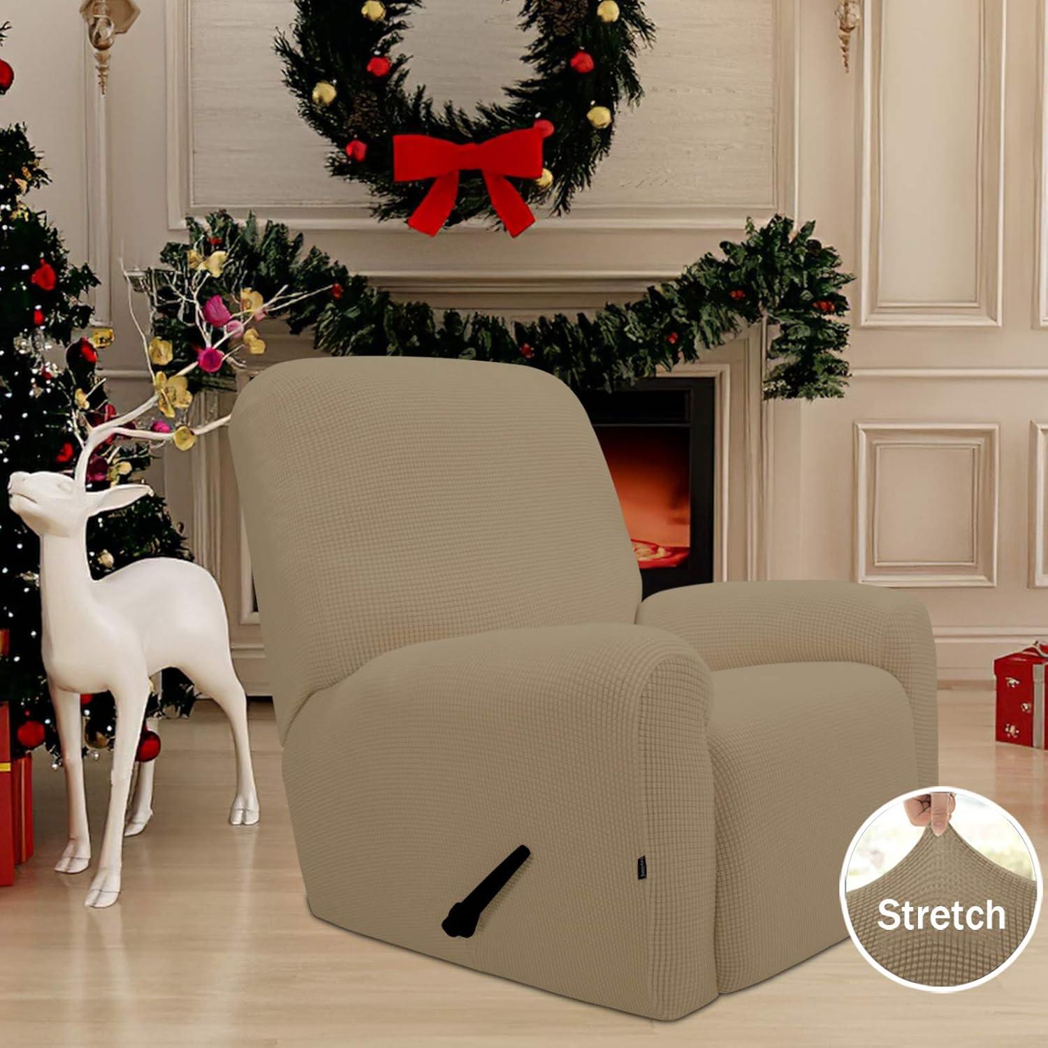 image:imageEasyGoing 8 Pieces Recliner Sofa Stretch Sofa Slipcover Sofa Cover Furniture Protector Couch Soft with Elastic Bottom Kids Spandex Jacquard Fabric Small Checks Dark GrayTan