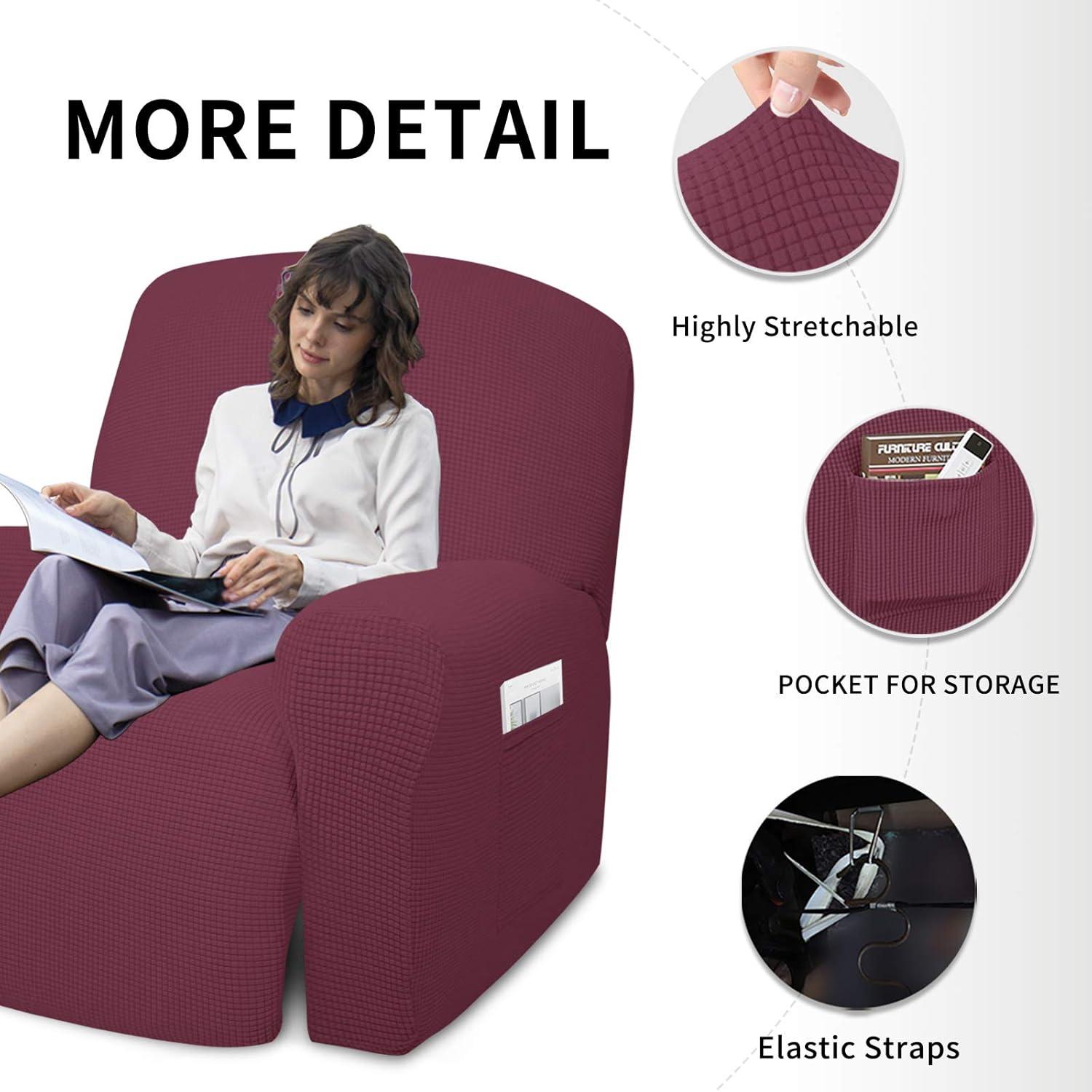 image:imageEasyGoing 8 Pieces Recliner Sofa Stretch Sofa Slipcover Sofa Cover Furniture Protector Couch Soft with Elastic Bottom Kids Spandex Jacquard Fabric Small Checks Dark GrayAsh Rose