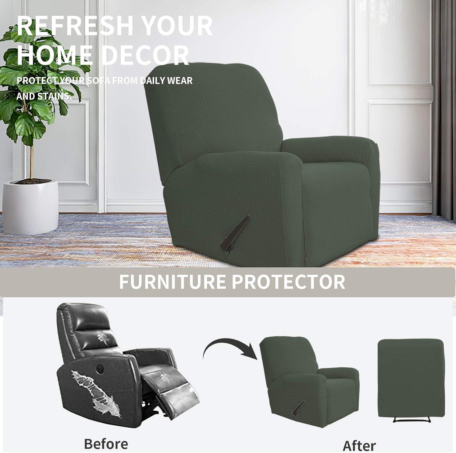 image:imageEasyGoing 8 Pieces Recliner Sofa Stretch Sofa Slipcover Sofa Cover Furniture Protector Couch Soft with Elastic Bottom Kids Spandex Jacquard Fabric Small Checks Dark GrayOlive Green
