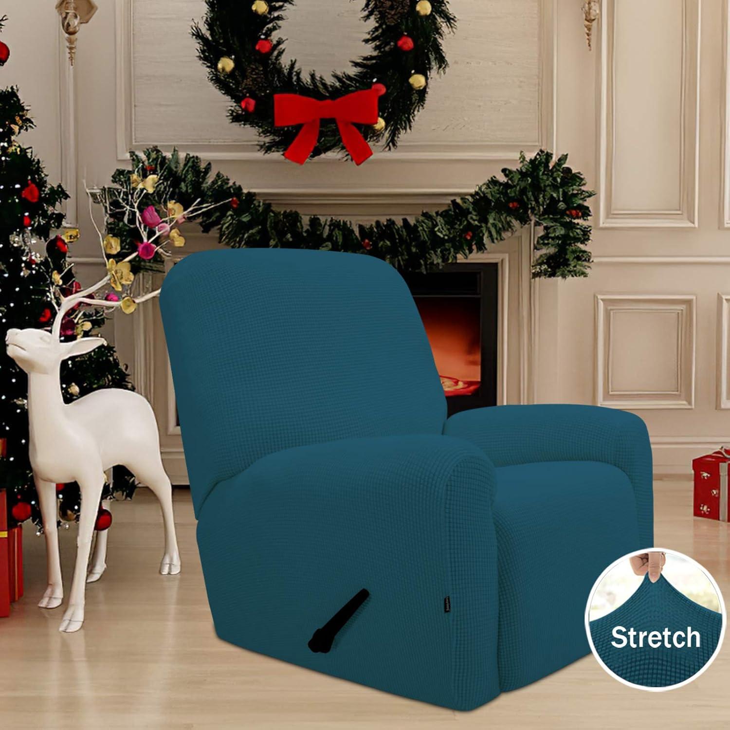 image:imageEasyGoing 8 Pieces Recliner Sofa Stretch Sofa Slipcover Sofa Cover Furniture Protector Couch Soft with Elastic Bottom Kids Spandex Jacquard Fabric Small Checks Dark GrayPeacock Blue