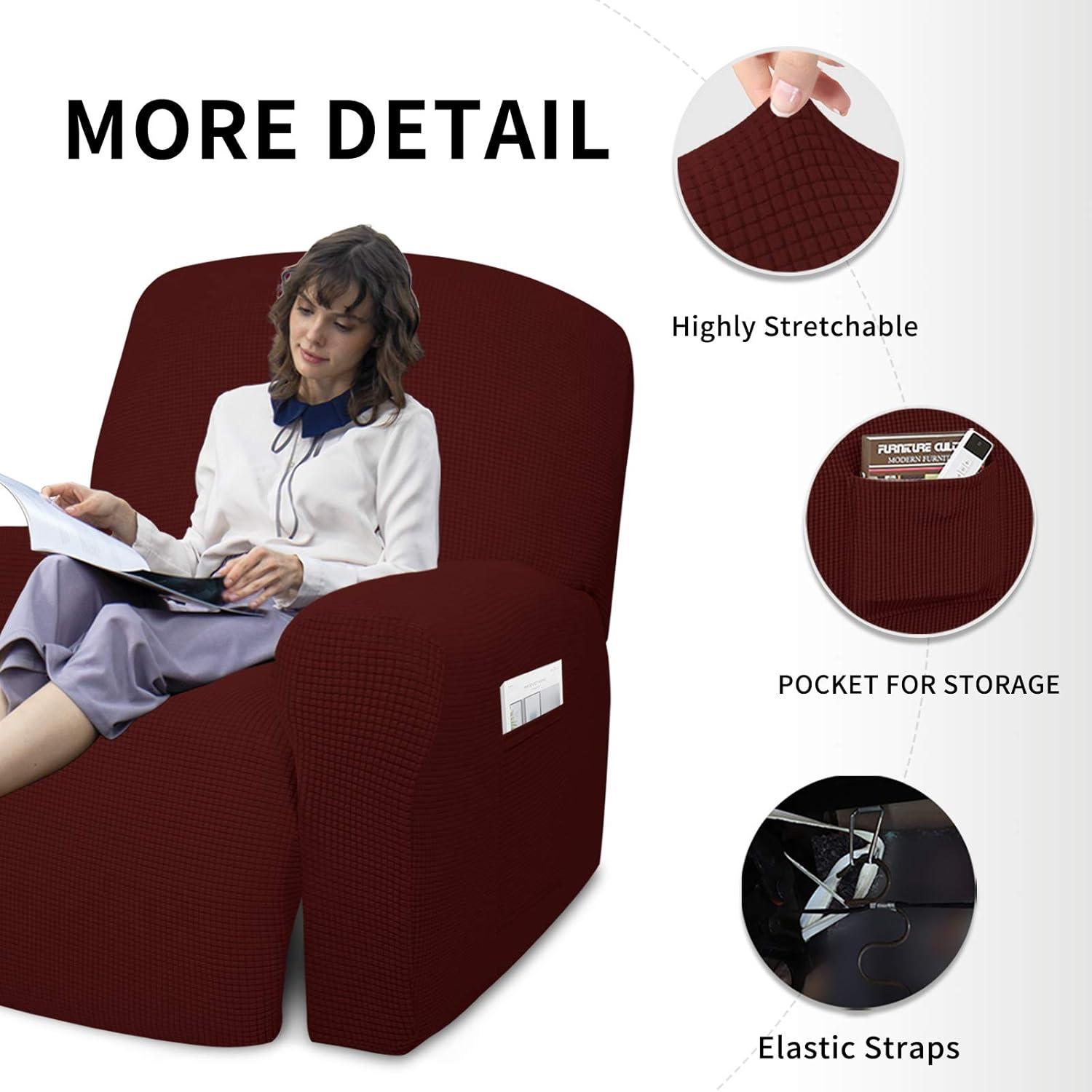 image:imageEasyGoing 8 Pieces Recliner Sofa Stretch Sofa Slipcover Sofa Cover Furniture Protector Couch Soft with Elastic Bottom Kids Spandex Jacquard Fabric Small Checks Dark GrayWine
