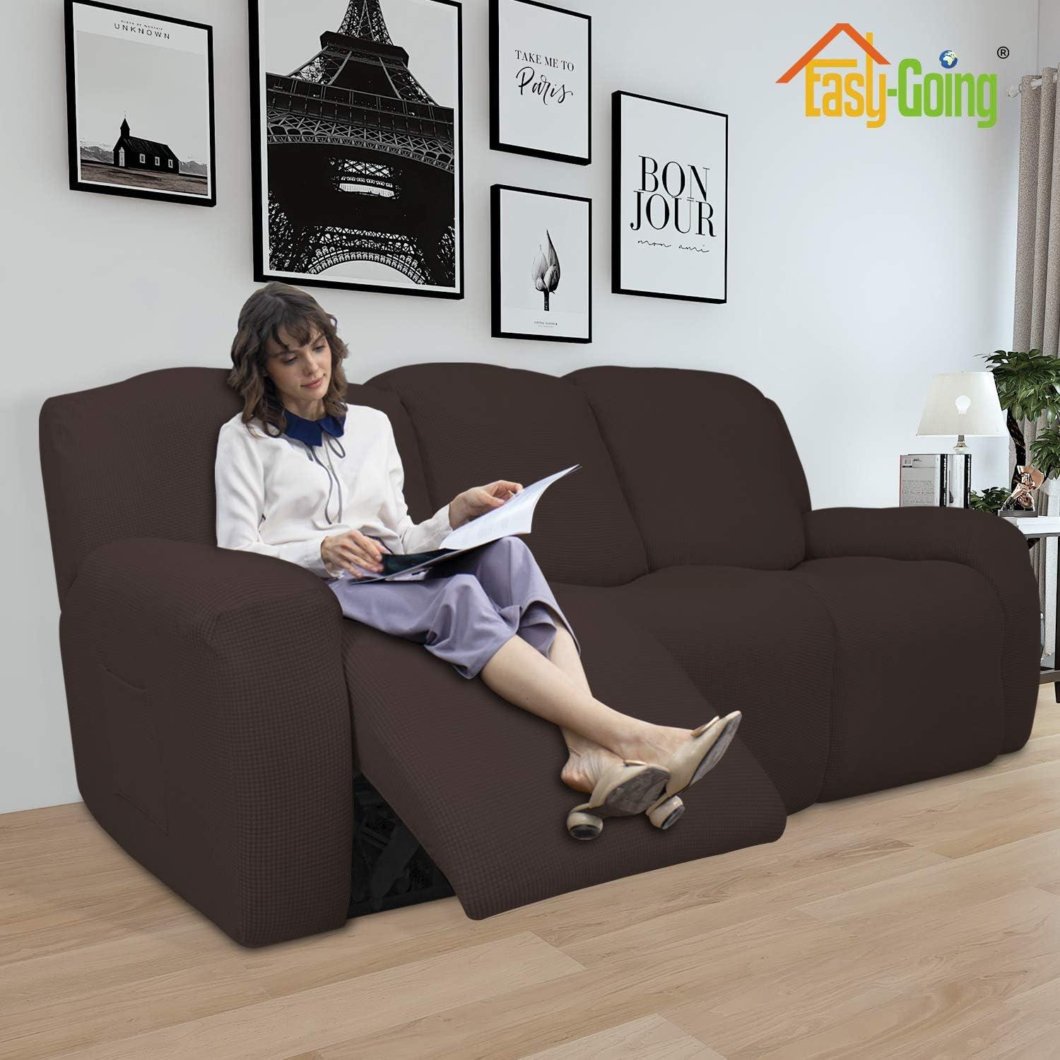 image:imageEasyGoing 8 Pieces Recliner Sofa Stretch Sofa Slipcover Sofa Cover Furniture Protector Couch Soft with Elastic Bottom Kids Spandex Jacquard Fabric Small Checks Dark GrayChocolate