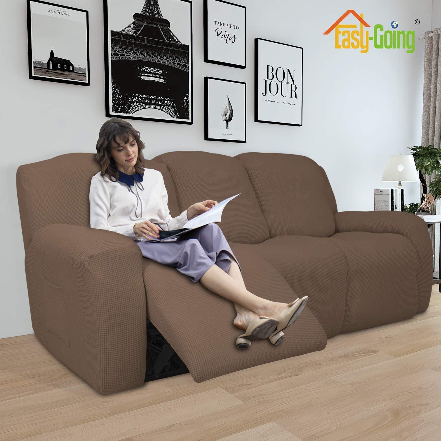 image:imageEasyGoing 8 Pieces Recliner Sofa Stretch Sofa Slipcover Sofa Cover Furniture Protector Couch Soft with Elastic Bottom Kids Spandex Jacquard Fabric Small Checks Dark GrayBrown