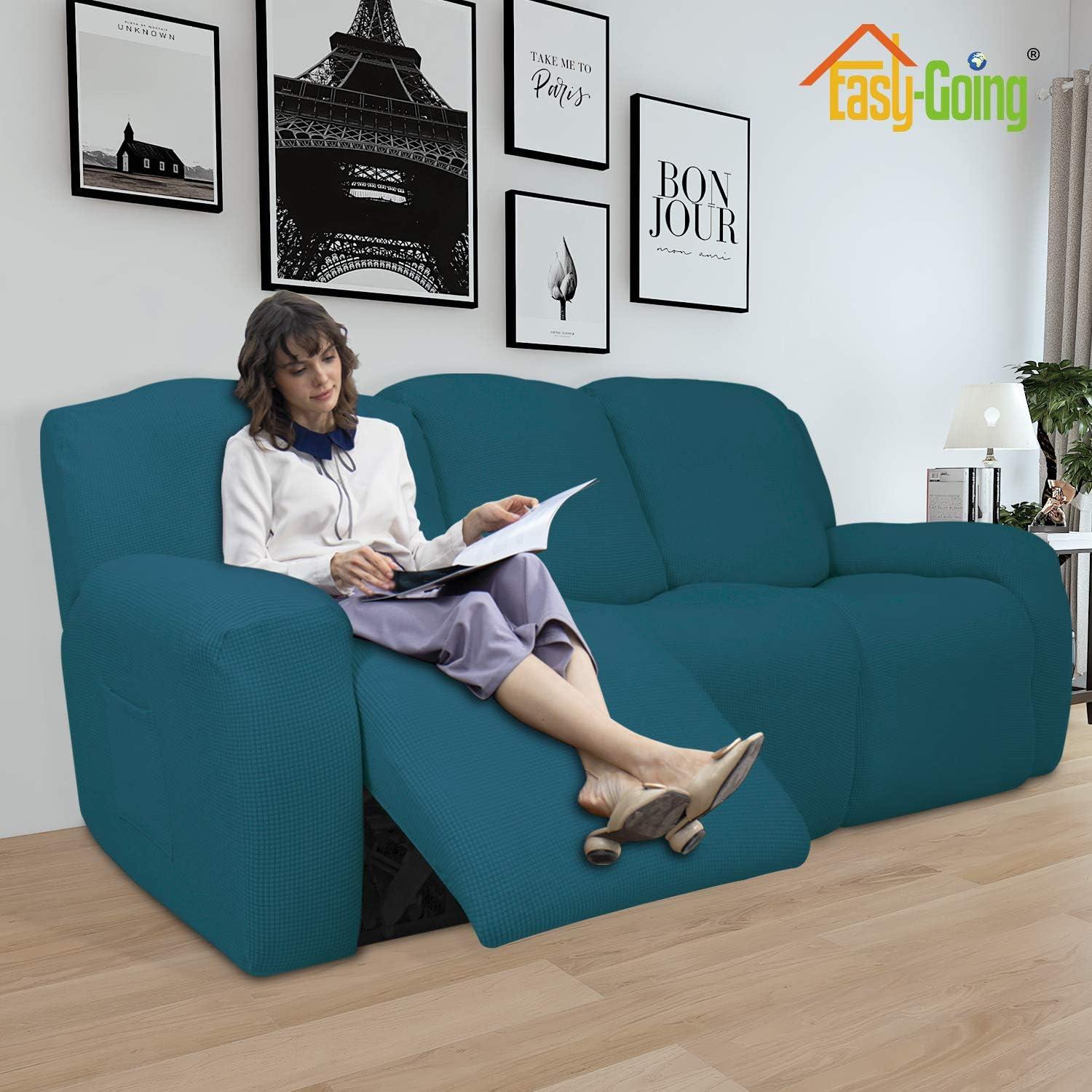image:imageEasyGoing 8 Pieces Recliner Sofa Stretch Sofa Slipcover Sofa Cover Furniture Protector Couch Soft with Elastic Bottom Kids Spandex Jacquard Fabric Small Checks Dark GrayPeacock Blue