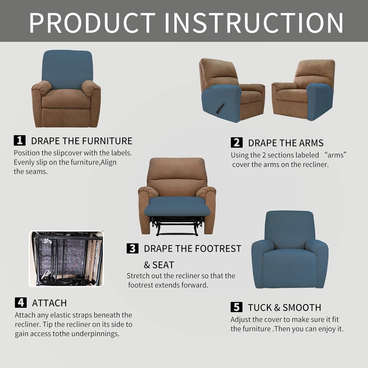 image:imageEasyGoing 8 Pieces Recliner Sofa Stretch Sofa Slipcover Sofa Cover Furniture Protector Couch Soft with Elastic Bottom Kids Spandex Jacquard Fabric Small Checks Dark GrayBluestone
