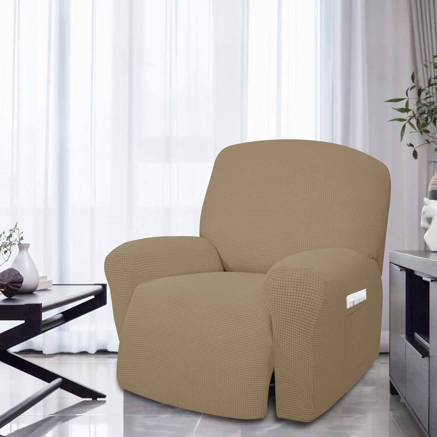image:imageEasyGoing 8 Pieces Recliner Sofa Stretch Sofa Slipcover Sofa Cover Furniture Protector Couch Soft with Elastic Bottom Kids Spandex Jacquard Fabric Small Checks Dark GrayTan