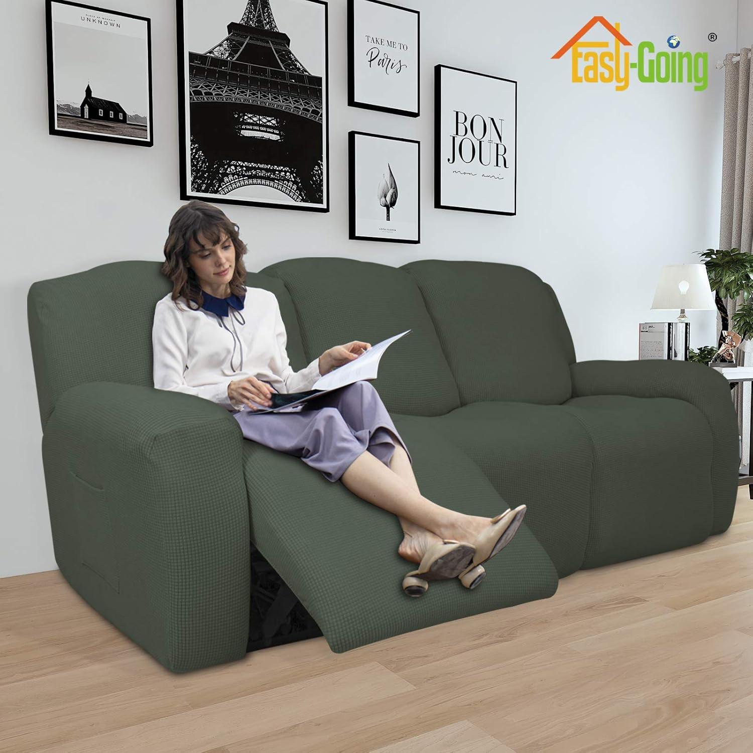 image:imageEasyGoing 8 Pieces Recliner Sofa Stretch Sofa Slipcover Sofa Cover Furniture Protector Couch Soft with Elastic Bottom Kids Spandex Jacquard Fabric Small Checks Dark GrayOlive Green