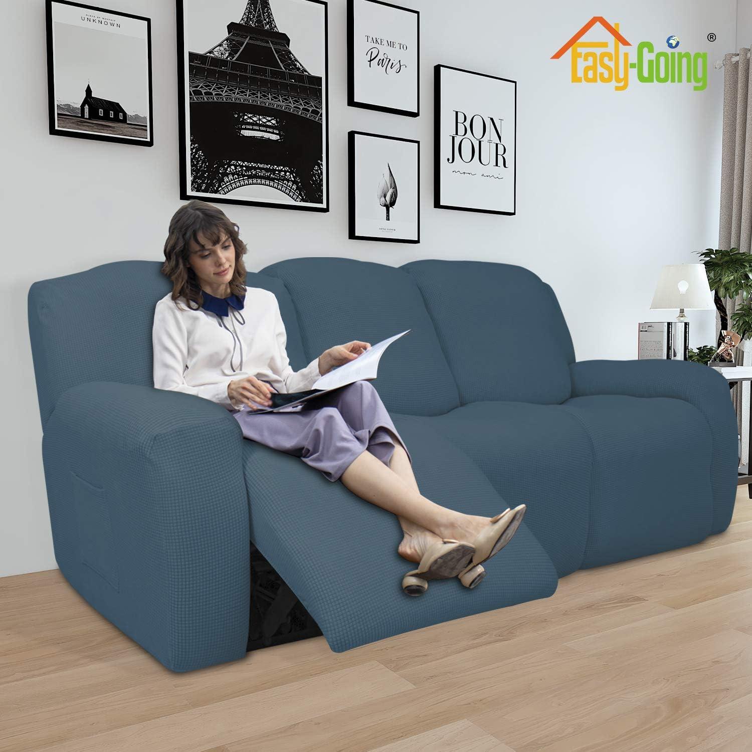 image:imageEasyGoing 8 Pieces Recliner Sofa Stretch Sofa Slipcover Sofa Cover Furniture Protector Couch Soft with Elastic Bottom Kids Spandex Jacquard Fabric Small Checks Dark GrayBluestone