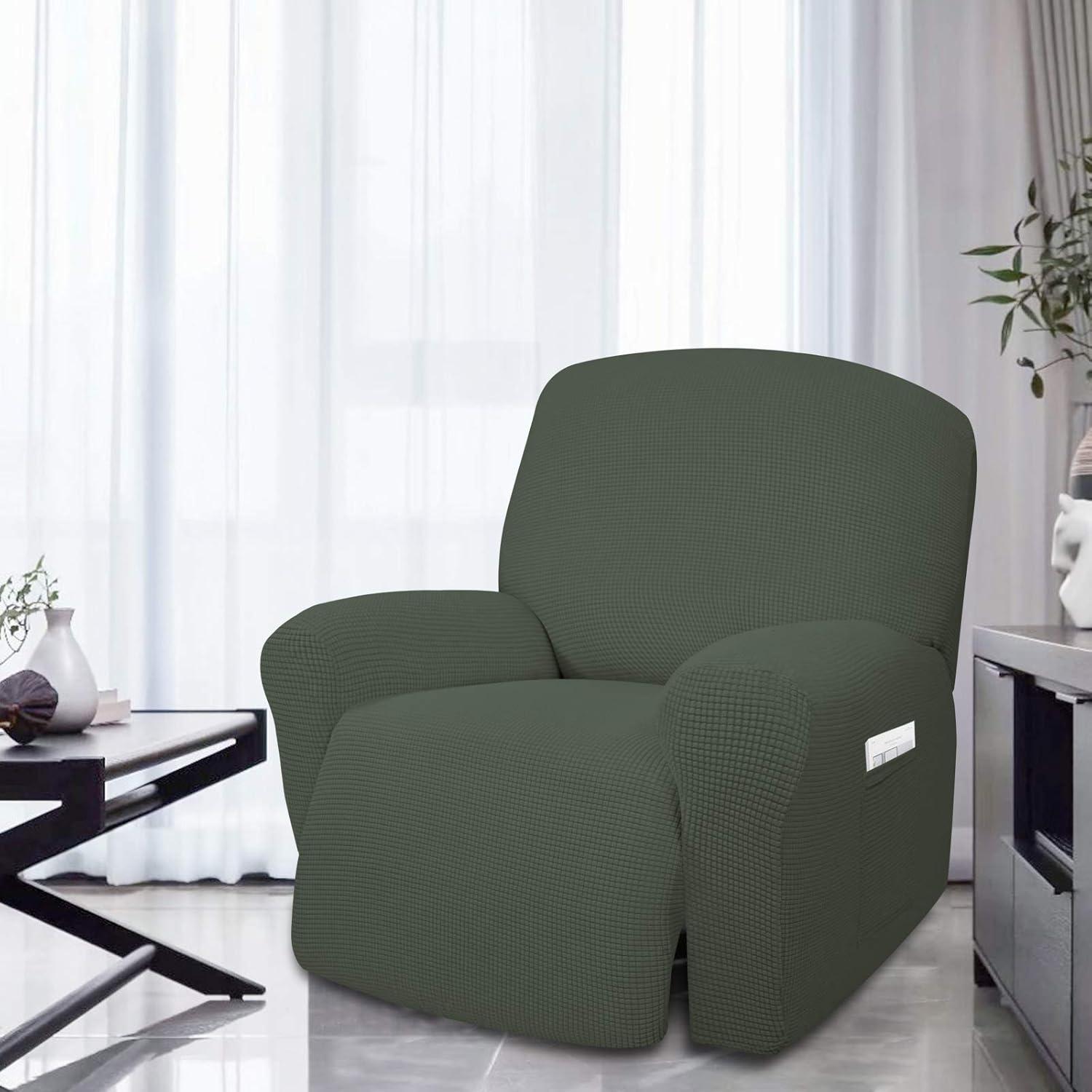 image:imageEasyGoing 8 Pieces Recliner Sofa Stretch Sofa Slipcover Sofa Cover Furniture Protector Couch Soft with Elastic Bottom Kids Spandex Jacquard Fabric Small Checks Dark GrayOlive Green