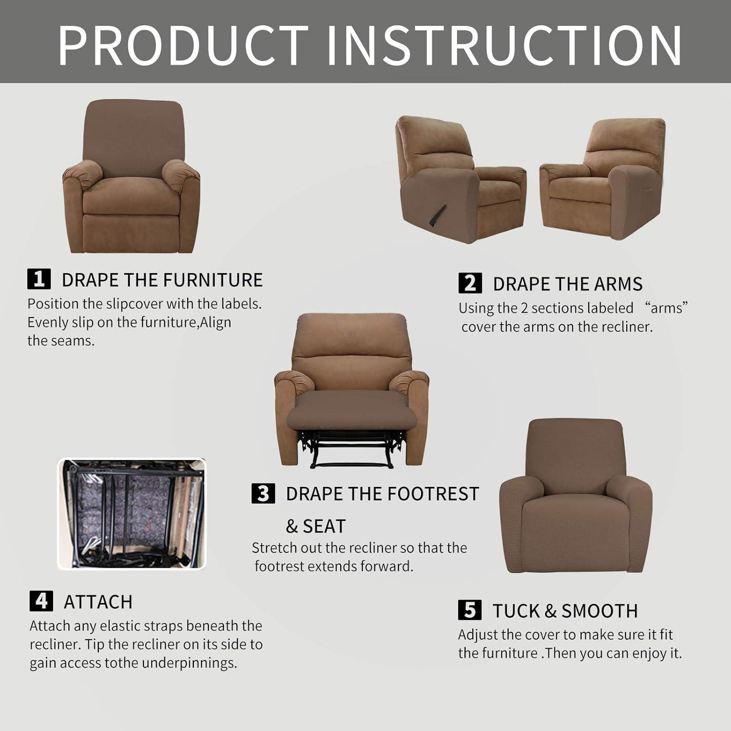 image:imageEasyGoing 8 Pieces Recliner Sofa Stretch Sofa Slipcover Sofa Cover Furniture Protector Couch Soft with Elastic Bottom Kids Spandex Jacquard Fabric Small Checks Dark GrayBrown