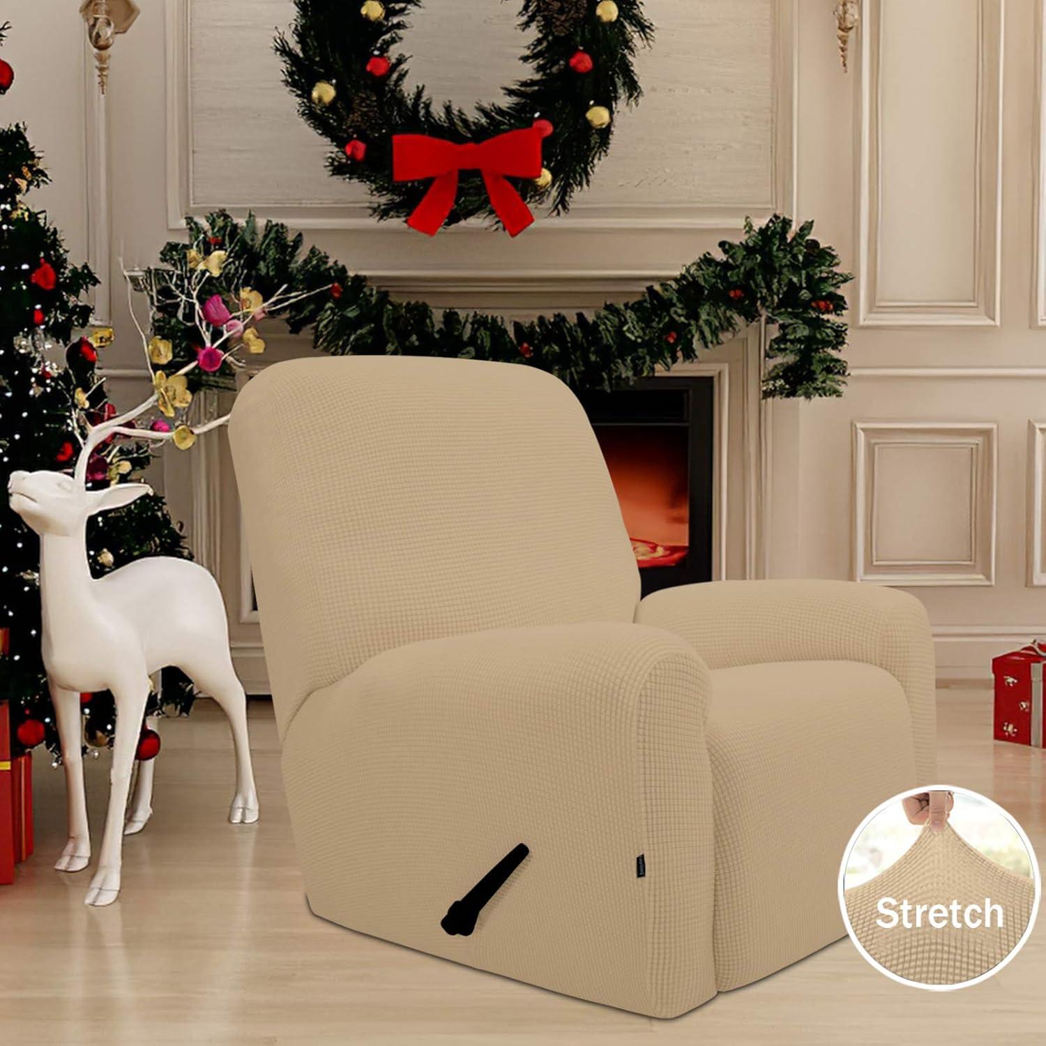 image:imageEasyGoing 8 Pieces Recliner Sofa Stretch Sofa Slipcover Sofa Cover Furniture Protector Couch Soft with Elastic Bottom Kids Spandex Jacquard Fabric Small Checks Dark GraySand