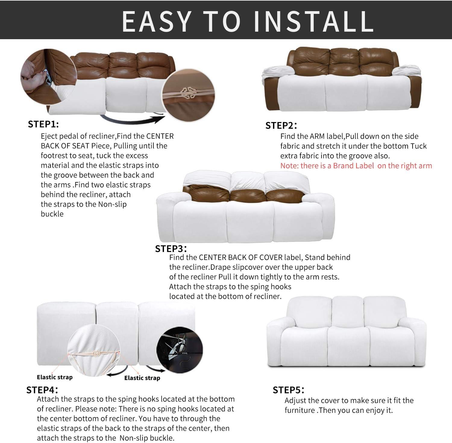 image:imageEasyGoing 8 Pieces Recliner Sofa Stretch Sofa Slipcover Sofa Cover Furniture Protector Couch Soft with Elastic Bottom Kids Spandex Jacquard Fabric Small Checks Dark GraySnow White