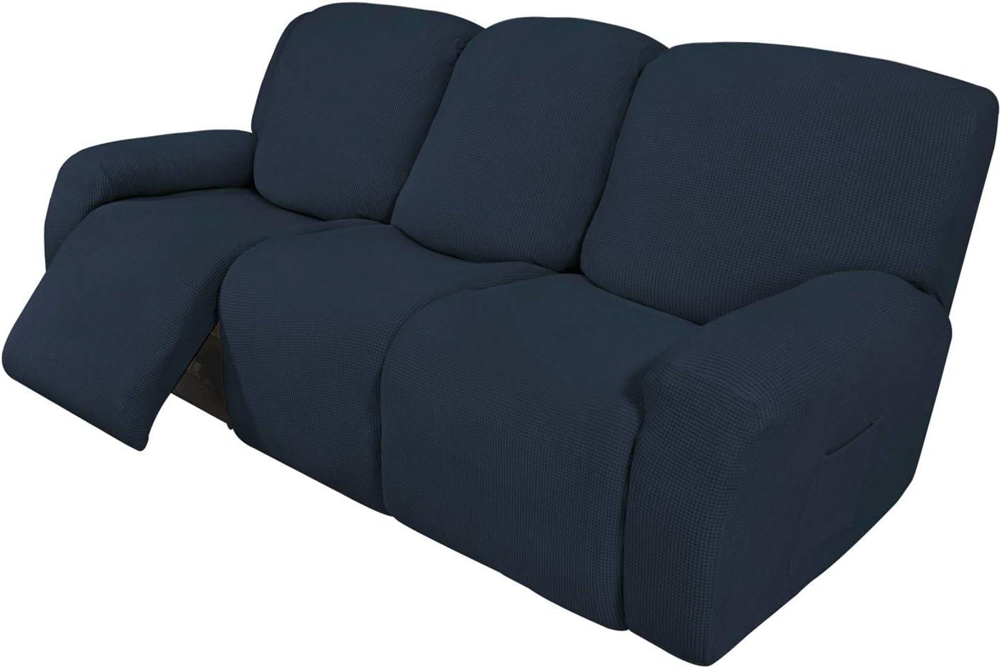 image:imageEasyGoing 8 Pieces Recliner Sofa Stretch Sofa Slipcover Sofa Cover Furniture Protector Couch Soft with Elastic Bottom Kids Spandex Jacquard Fabric Small Checks Dark GrayDark Blue