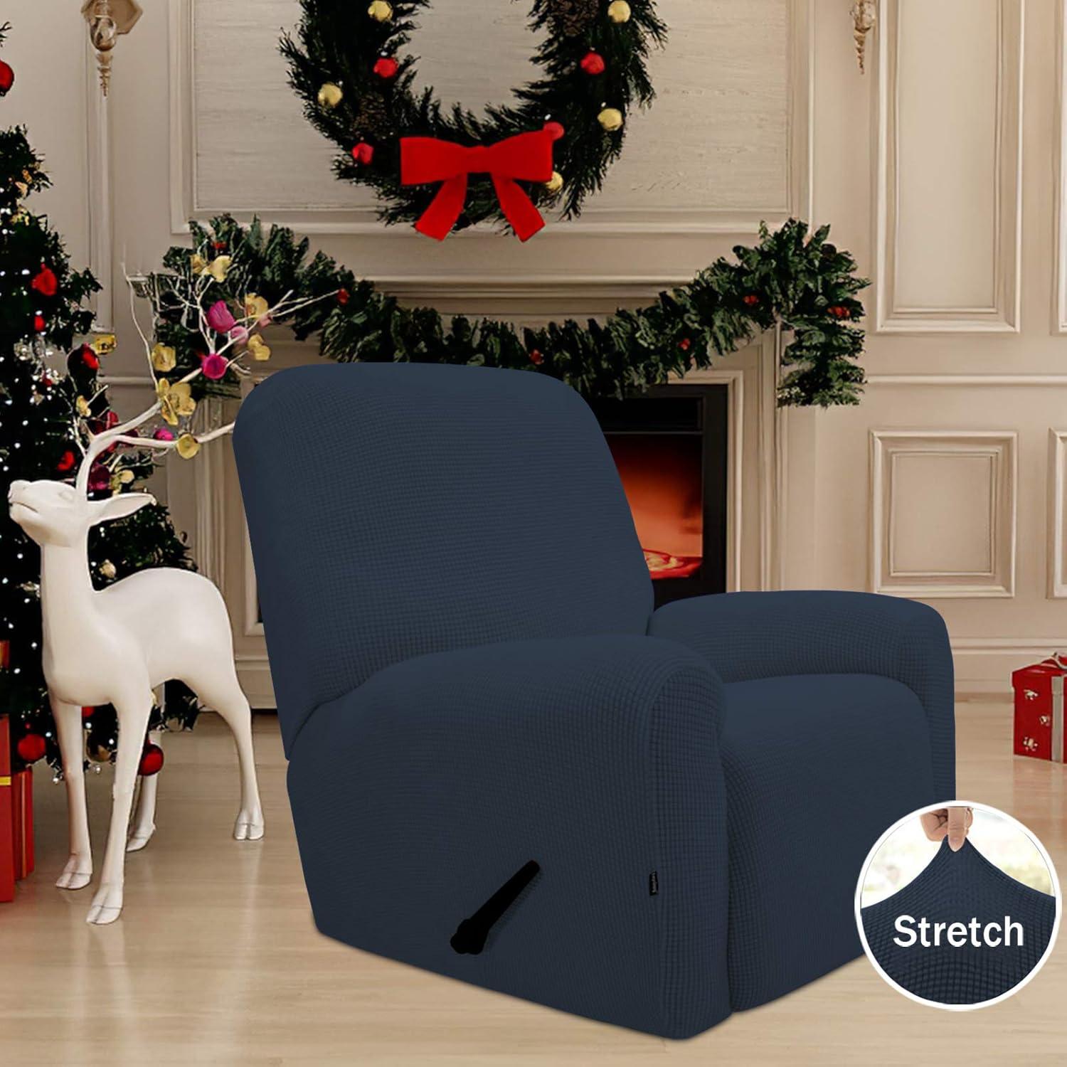 image:imageEasyGoing 8 Pieces Recliner Sofa Stretch Sofa Slipcover Sofa Cover Furniture Protector Couch Soft with Elastic Bottom Kids Spandex Jacquard Fabric Small Checks Dark GrayDark Blue