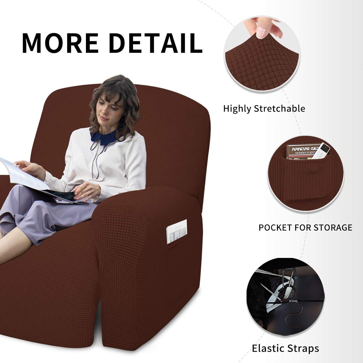 image:imageEasyGoing 8 Pieces Recliner Sofa Stretch Sofa Slipcover Sofa Cover Furniture Protector Couch Soft with Elastic Bottom Kids Spandex Jacquard Fabric Small Checks Dark GrayCoffee
